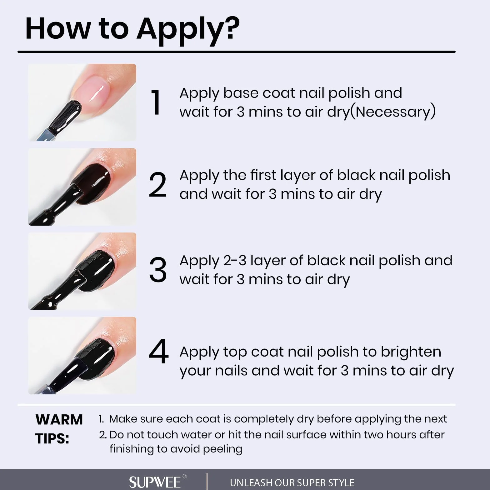 SUPWEE Lakier do paznokci, czarny, 16 ml, szybkoschnący, długo utrzymujący się czarny lakier bez lampy UV Oil Based Black Nail Polish do manicure w domu