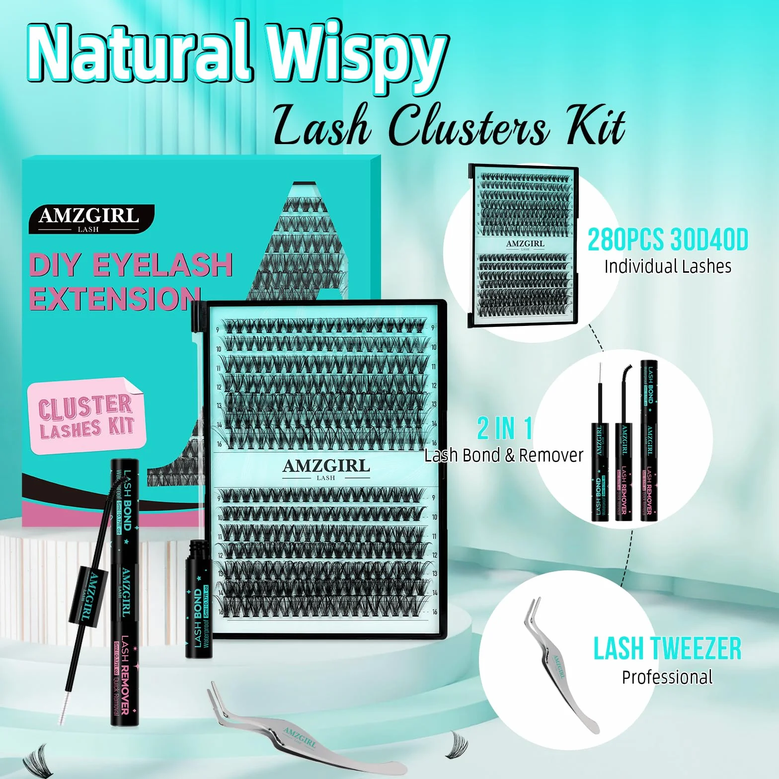 Zestaw do przedłużania rzęs 280 kępek 30D 40D z Lash Bond & Seal, pęsety (D-Mix9-16mm Kit)