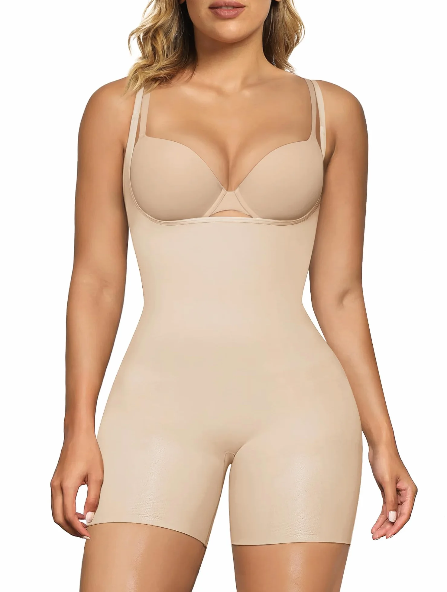 SHAPERX Damskie body modelujące brzuch z otwartym biustem, bezszwowe, modelujące sylwetkę do połowy uda, dla wyrwanej talii