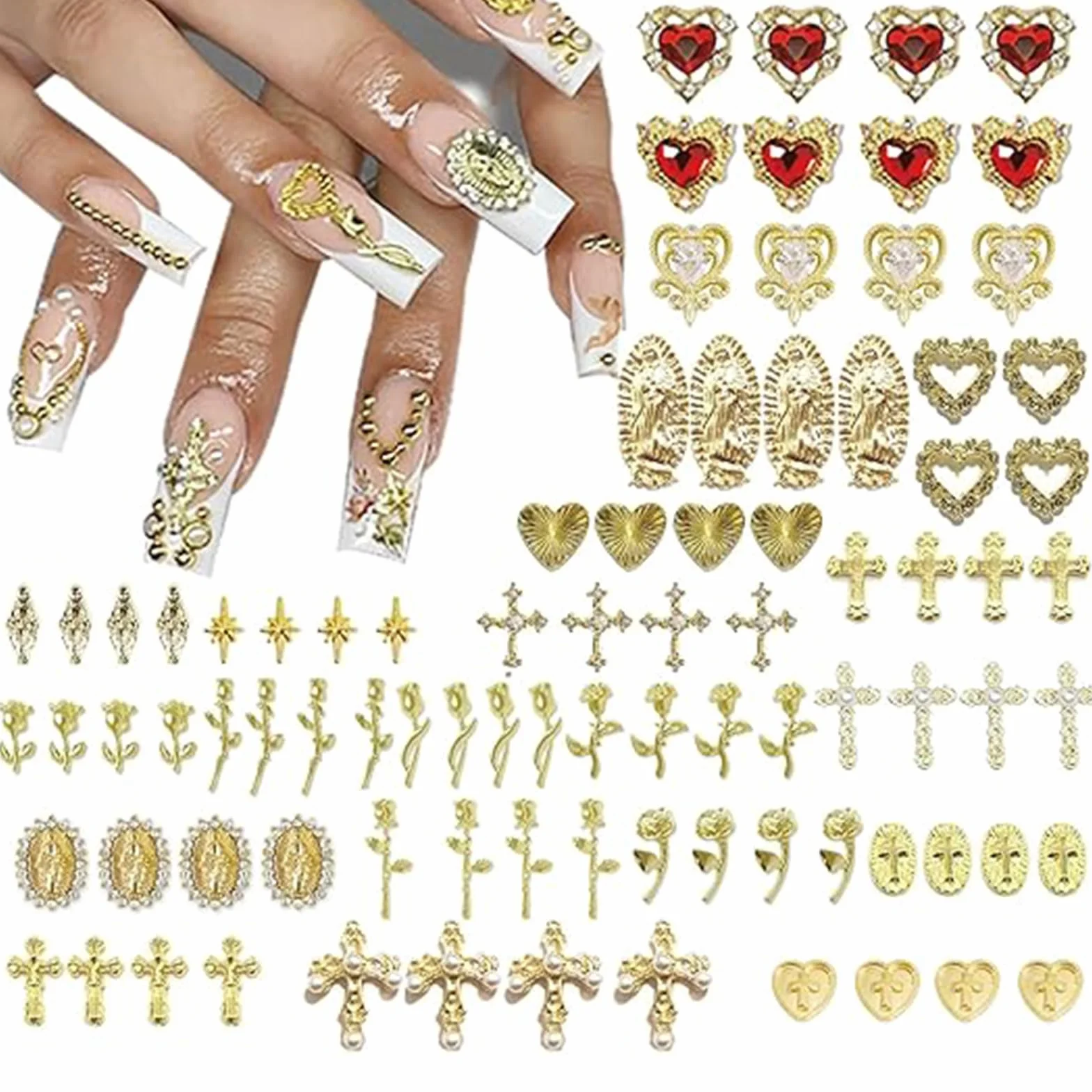 88 sztuk złotych zawieszek 3D na paznokcie, wysokiej jakości zdobienia paznokci, zawieszki do paznokci, ekskluzywne z kamieniami strasu dla luksusowego manicure