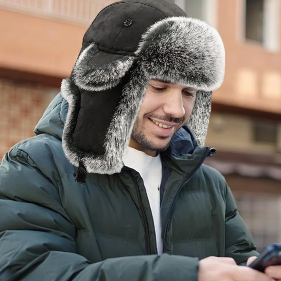 Asudaro Zimowa czapka męska czapka traperska gruba ciepła czapka z klapkami na uszy futrzana czapka zimowa rosyjska czapka zimowa outdoorowa jazda na nartach zimna czapka