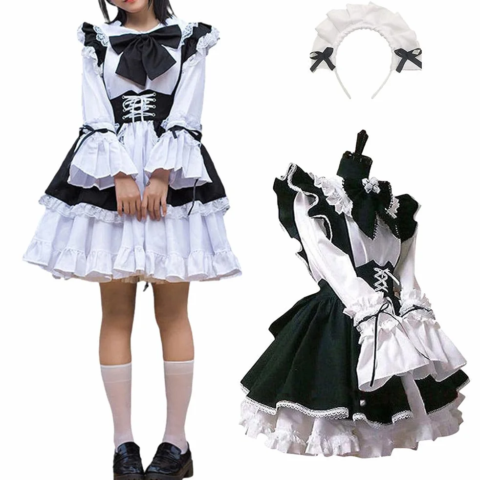 Damski strój pokojówki anime długa sukienka czarno-biały fartuch sukienka cosplay kostium na cztery pory roku
