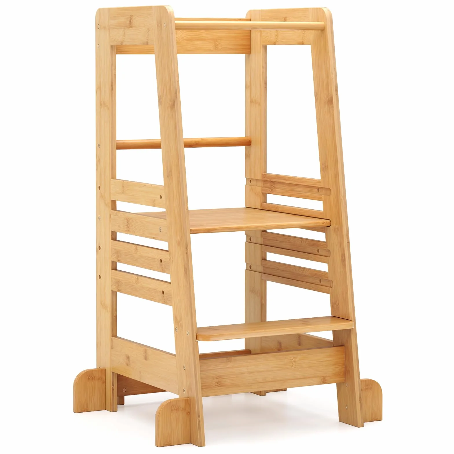 COSTWAY Wieża edukacyjna dla dzieci z bambusa, taboret do stąpania Montessori z 4 regulowanymi wysokościami i balustradami bezpieczeństwa, drabinka do obciążenia do 70 kg, stołek dla dzieci od 1 roku