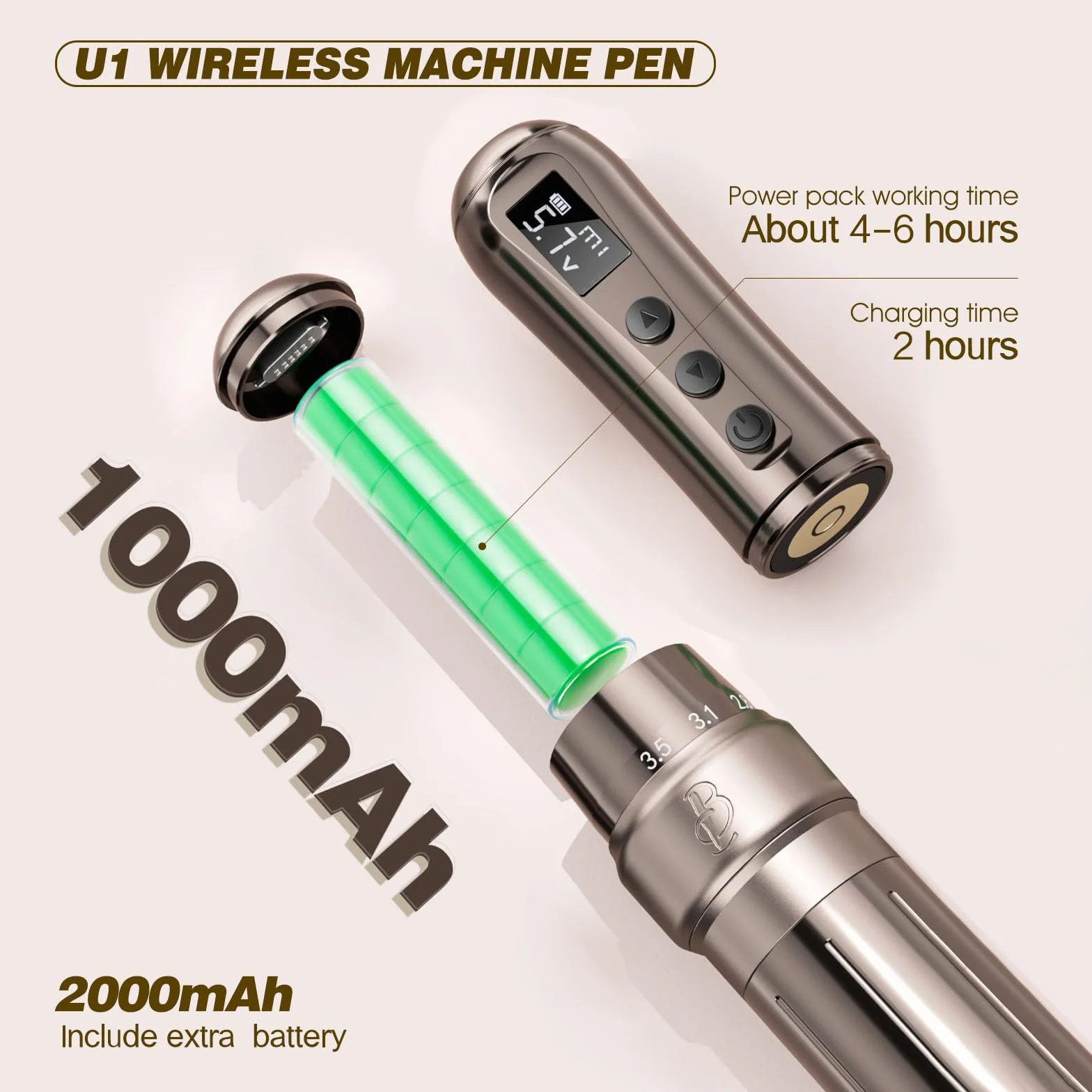 U1 bezprzewodowa maszyna do makijażu semi-permanentnego, sześciostopniowa regulacja, z 2 bateriami o pojemności 1000 mAh, wyświetlacz OLED ust i eyelineru w stylu semi-permanentnym (Kawa)