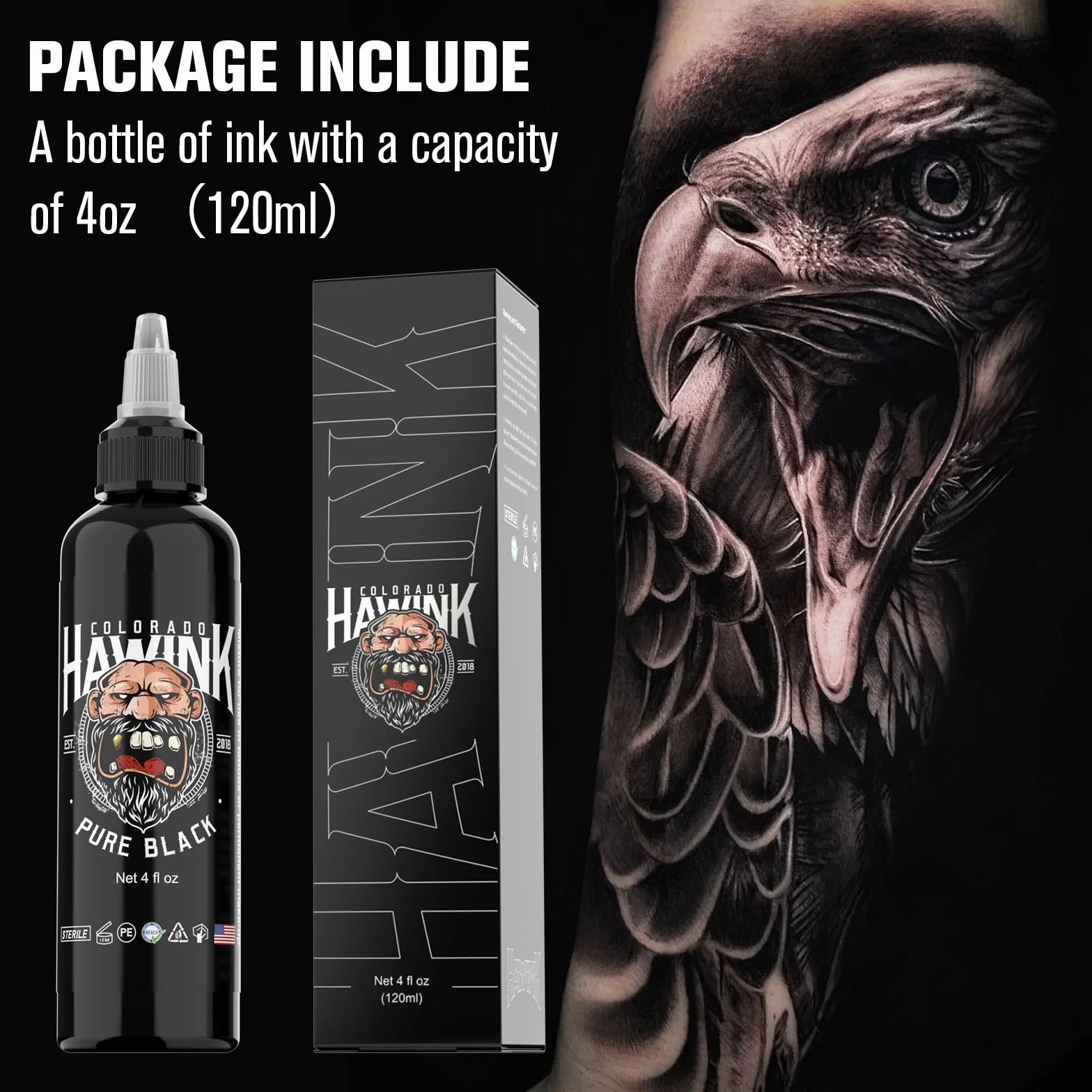 HAWINK Tusz do Tatuażu Black Professional 120ml (4oz) Przyjazny dla Wegan, Standard USA, Pigmentowy Tusz do Tatuażu, Czysty Czarny TI203-120-001