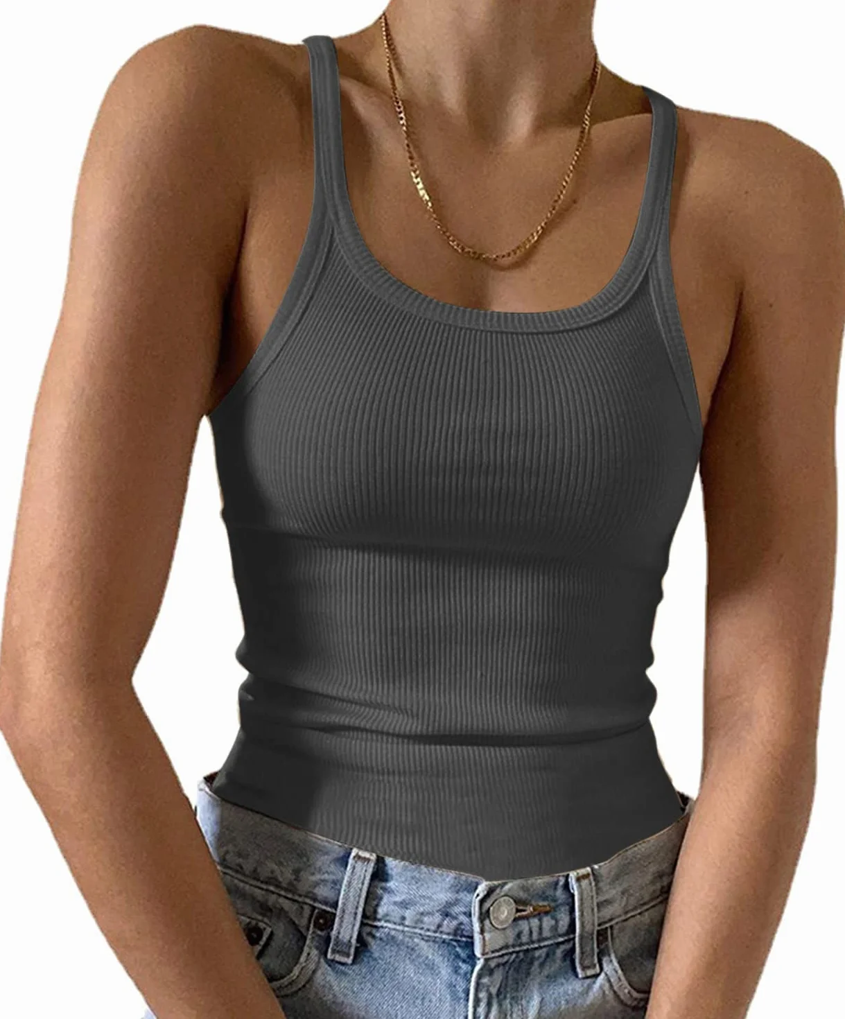 Spaghetti Top damski seksowny podkoszulek bez rękawów prążkowany tank top basic jednokolorowa letnia bluzka