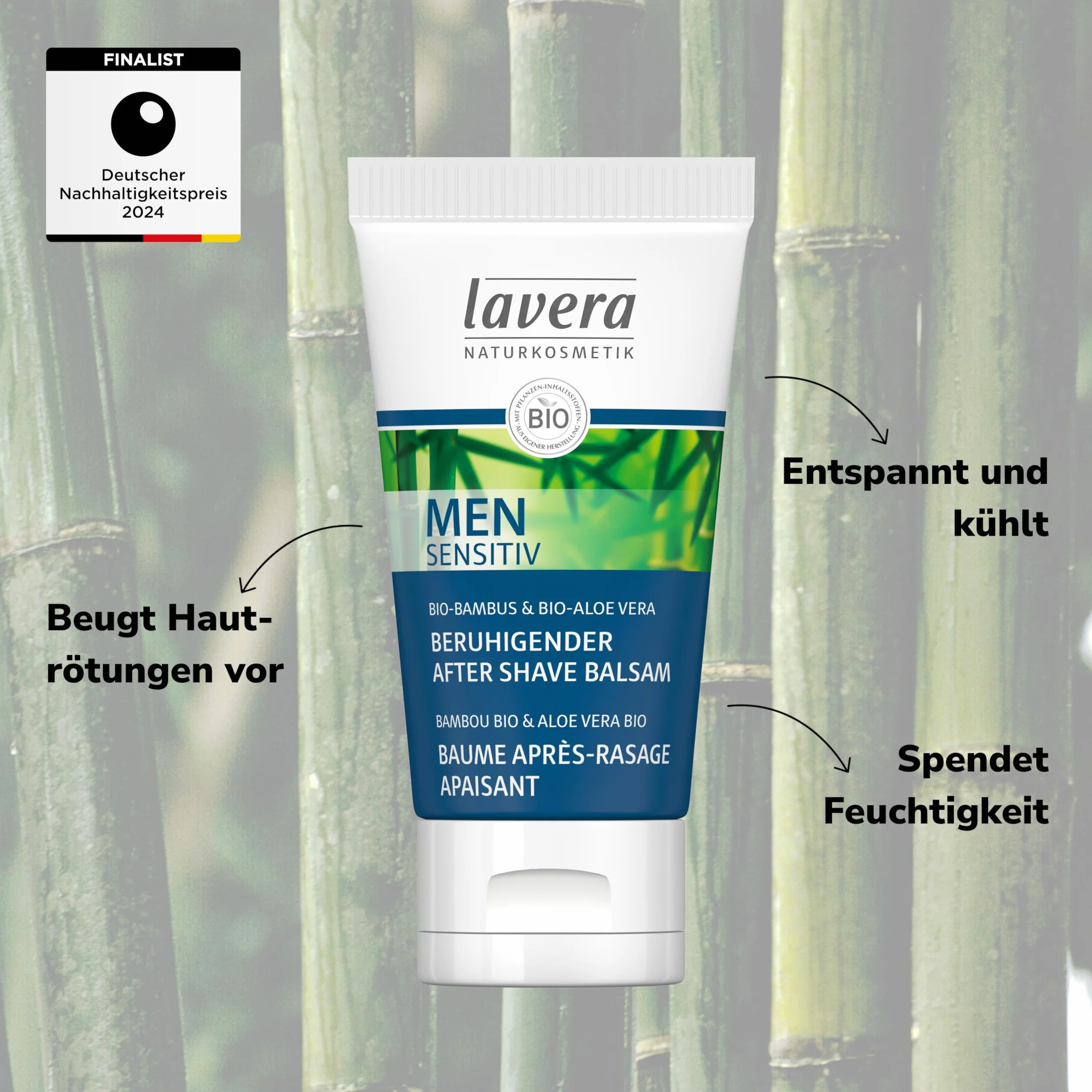 lavera Men sensitiv uspokajający balsam po goleniu – z bambusem organicznym i aloesem – zapobiega zaczerwienieniom skóry i uspokaja wrażliwą skórę po goleniu – naturalny kosmetyk – wegański – ekologiczny (1 x 50 ml)