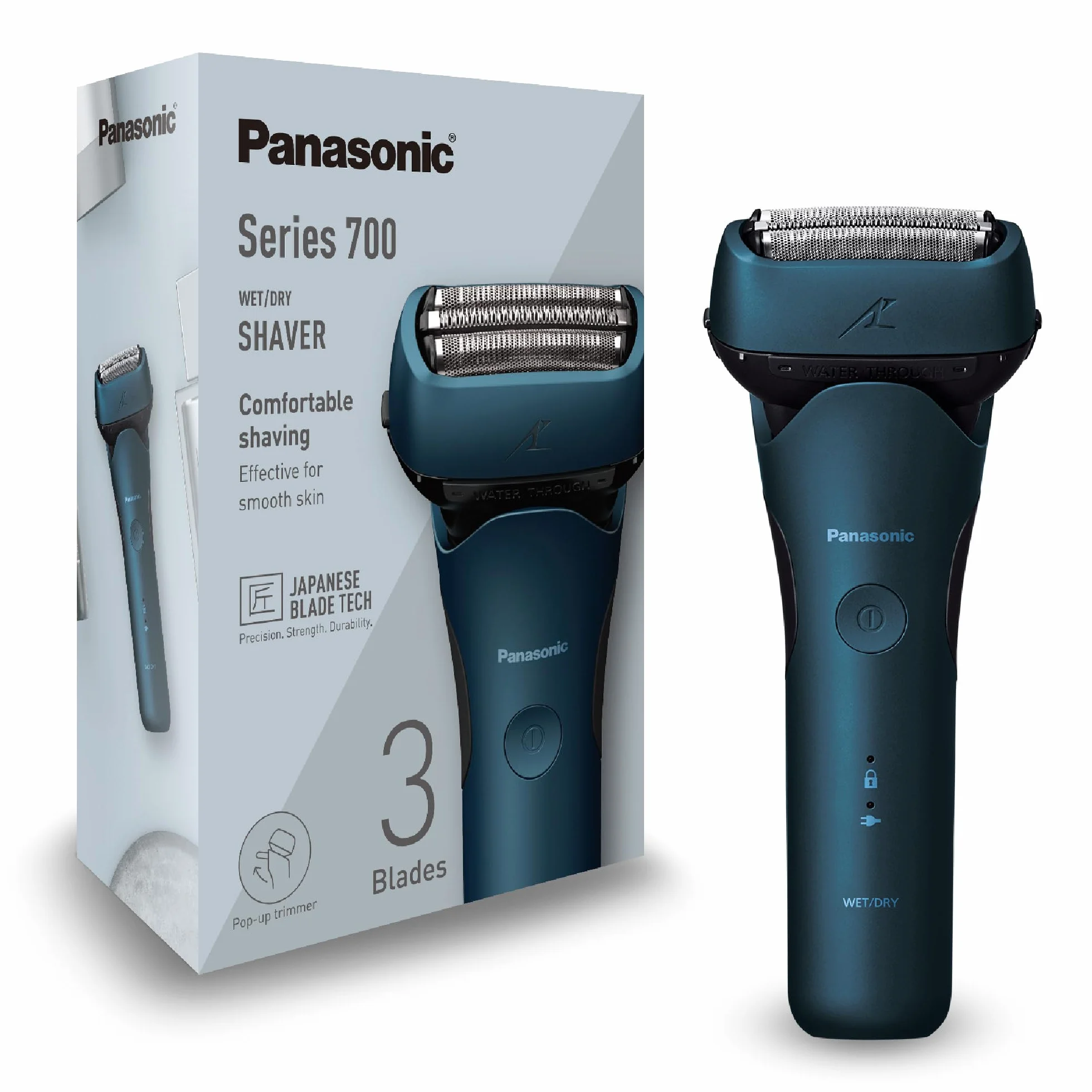 Panasonic Series 700 ES-ALT4 3-ostrzowa golarka elektryczna (bezprzewodowa, wodoodporna, czujnik zarostu, elastyczna głowica, wysuwany trymer, ergonomiczny uchwyt), niebieska