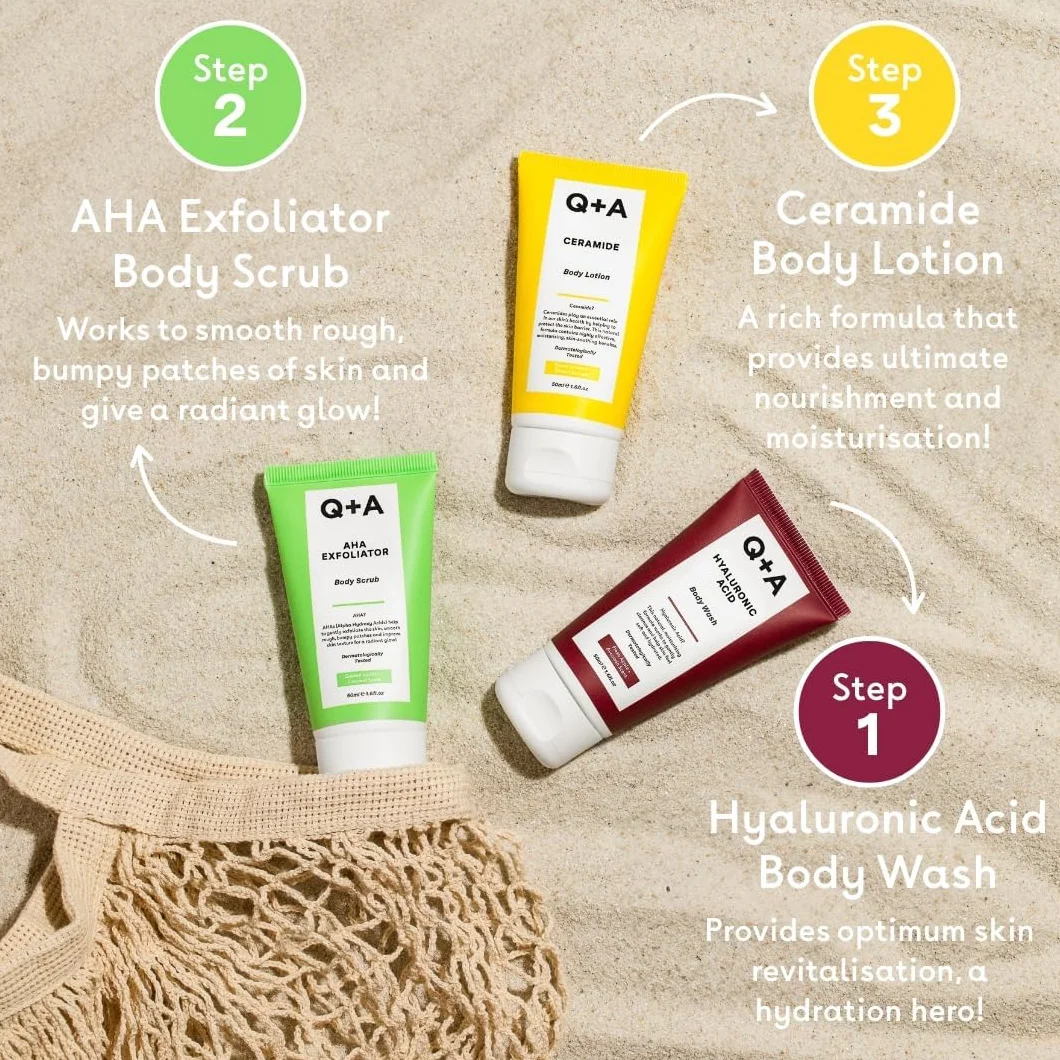 Q+A Zestaw podróżny do pielęgnacji ciała, zawiera żel do mycia ciała z kwasem hialuronowym, peeling AHA i ceramiczny balsam do ciała, 50 ml