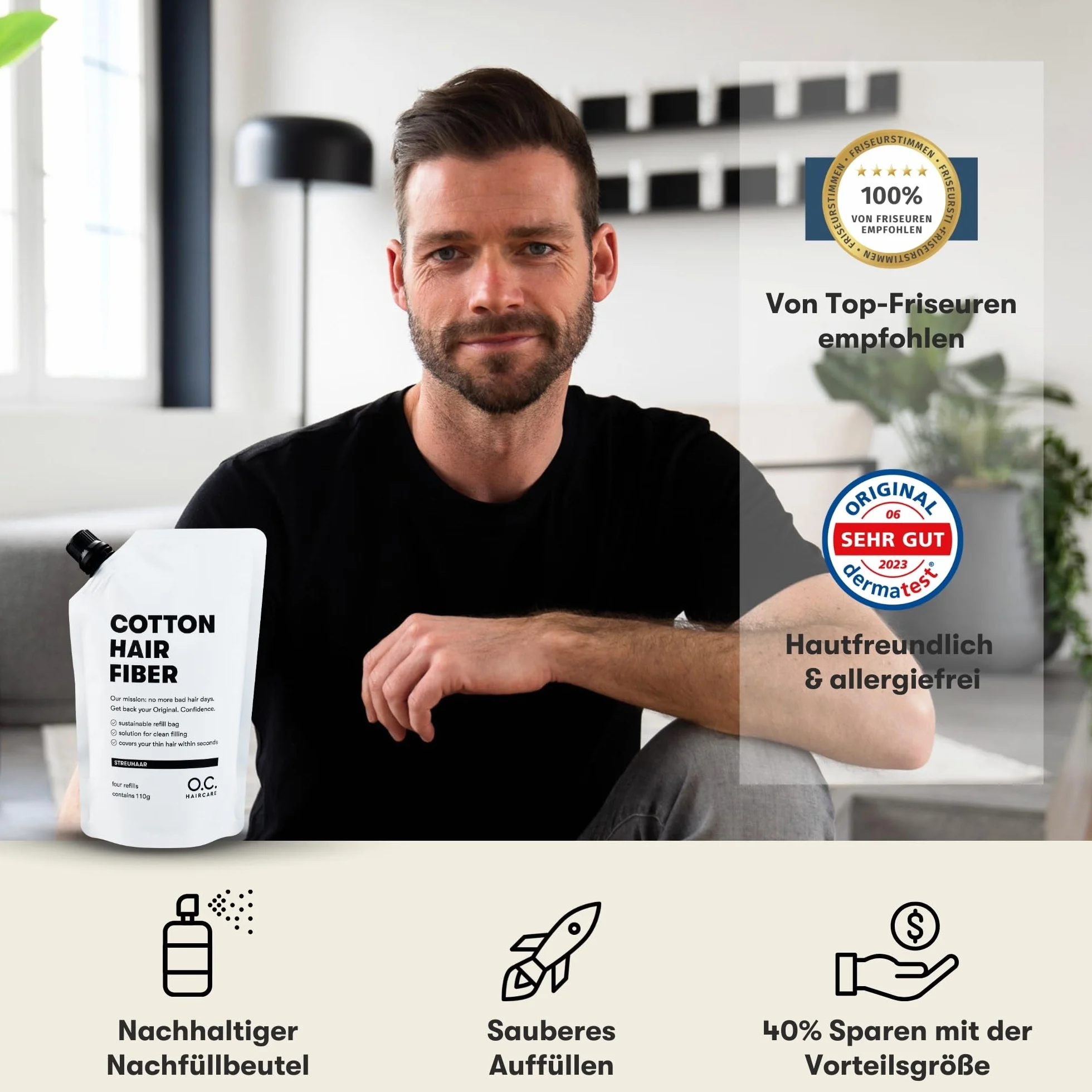 O.C. HAIRCARE Woreczek uzupełniający do zagęszczania włosów – do przedziałków, łysych miejsc w górnej i tylnej części głowy – polecany przez wiodące salony – 11 kolorów – wytrzymałe włosy do