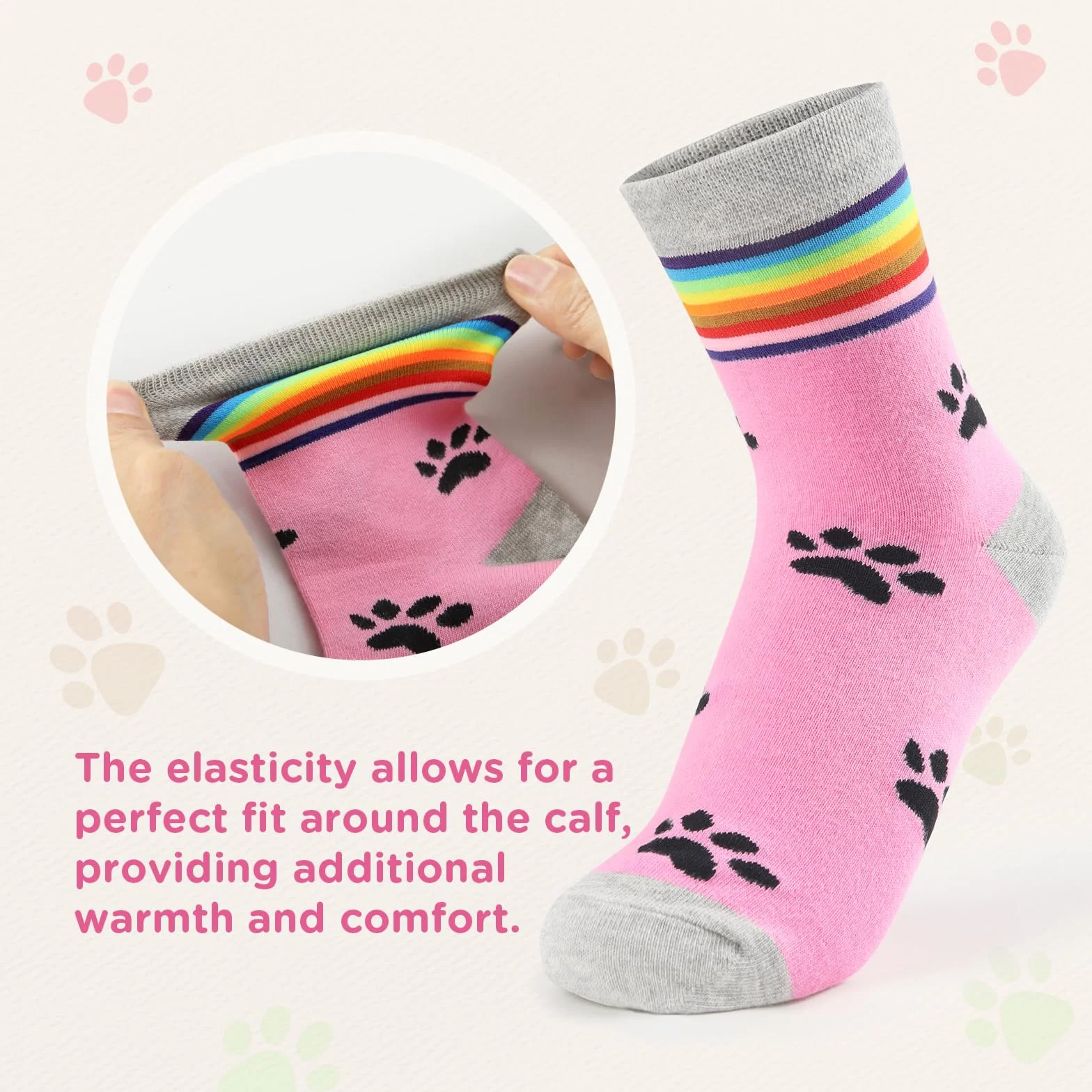 LittleForBig Rainbow Cuff Kitten Paw Bawełniane skarpety Mid Crew Zestaw 2 par - Różowo-Czarna Łapa i Czarno-Biała Łapa