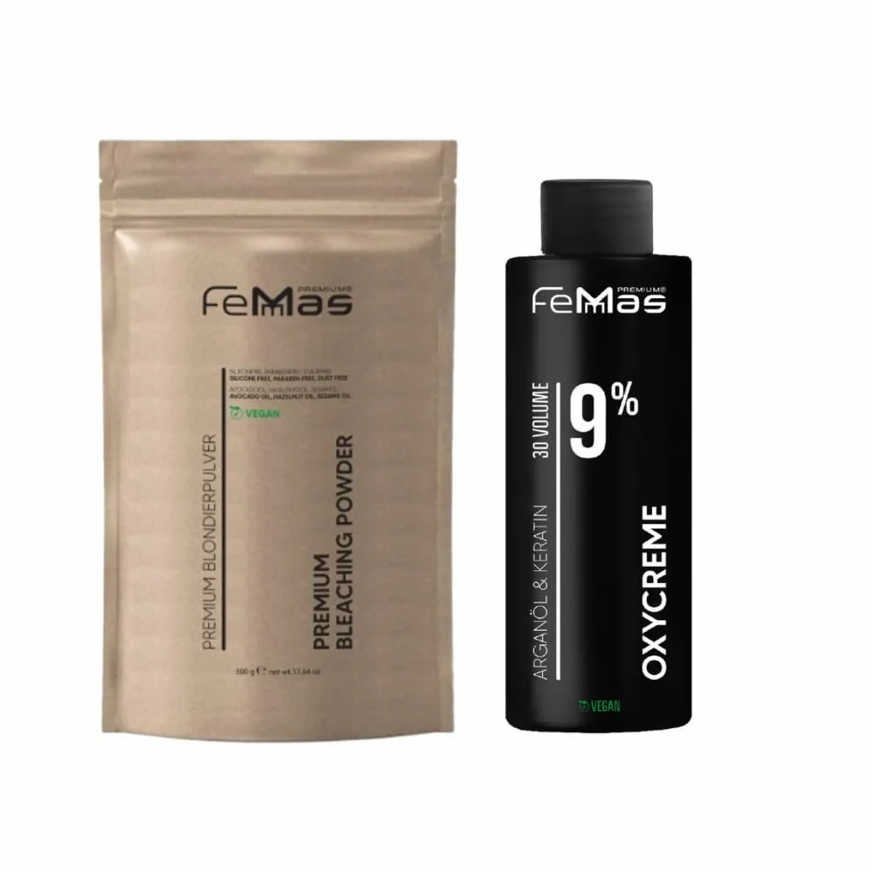 FemMas Zestaw do rozjaśniania proszek 100 g krem utleniający 100 ml do włosów blond 9 poziomów tonowania