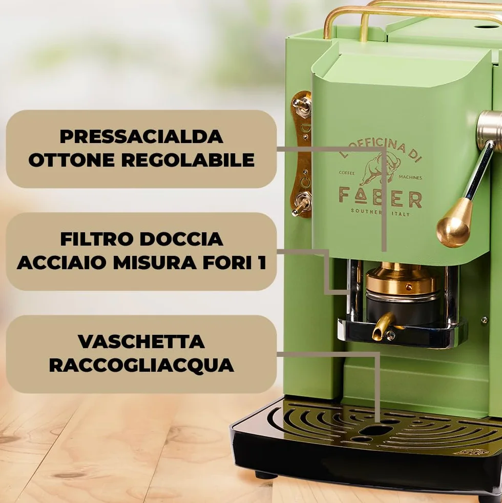 Faber Ekspres do kawy | model Pro Deluxe | Ekspres do kawy ESE 44 mm | wersja powlekana mosiądzem | regulowana prasa do padów z mosiądzu | standardowy zawór elektryczny (neonowa zieleń)