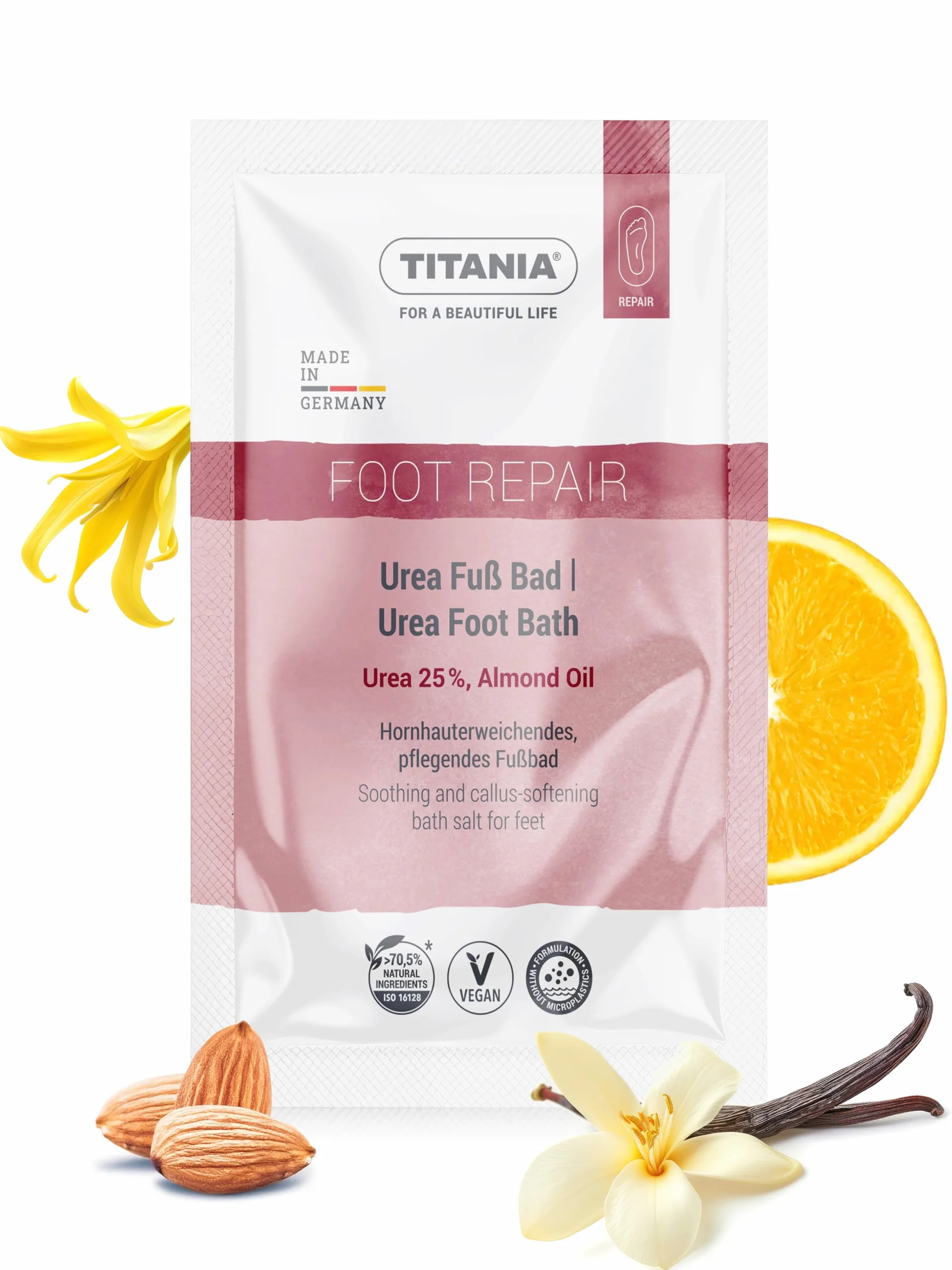 TITANIA® Urea sól do kąpieli stóp, 40 g, zmiękcza zrogowaciały naskórek i pielęgnuje suche stopy, 25% mocznika i olejek migdałowy, wegańska, bez mikroplastiku, testowana dermatologicznie, Made in