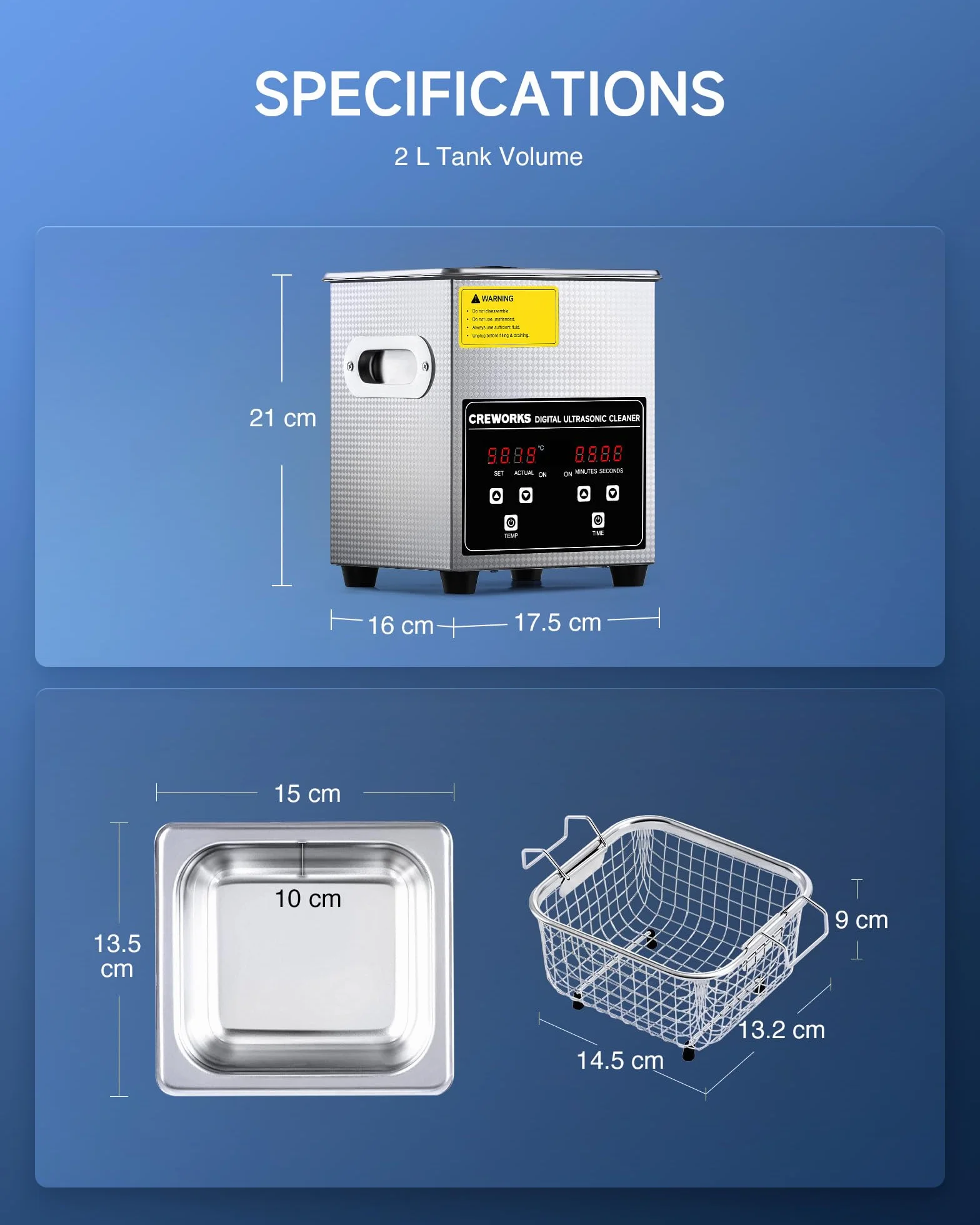 CREWORKS Urządzenie do czyszczenia ultradźwiękowego 2L Urządzenie ultradźwiękowe Czyścik ultradźwiękowy Czyszczenie Ultrasonic Cleaner z wewnętrznym koszem, ogrzewaniem i cyfrowym timerem do okularów