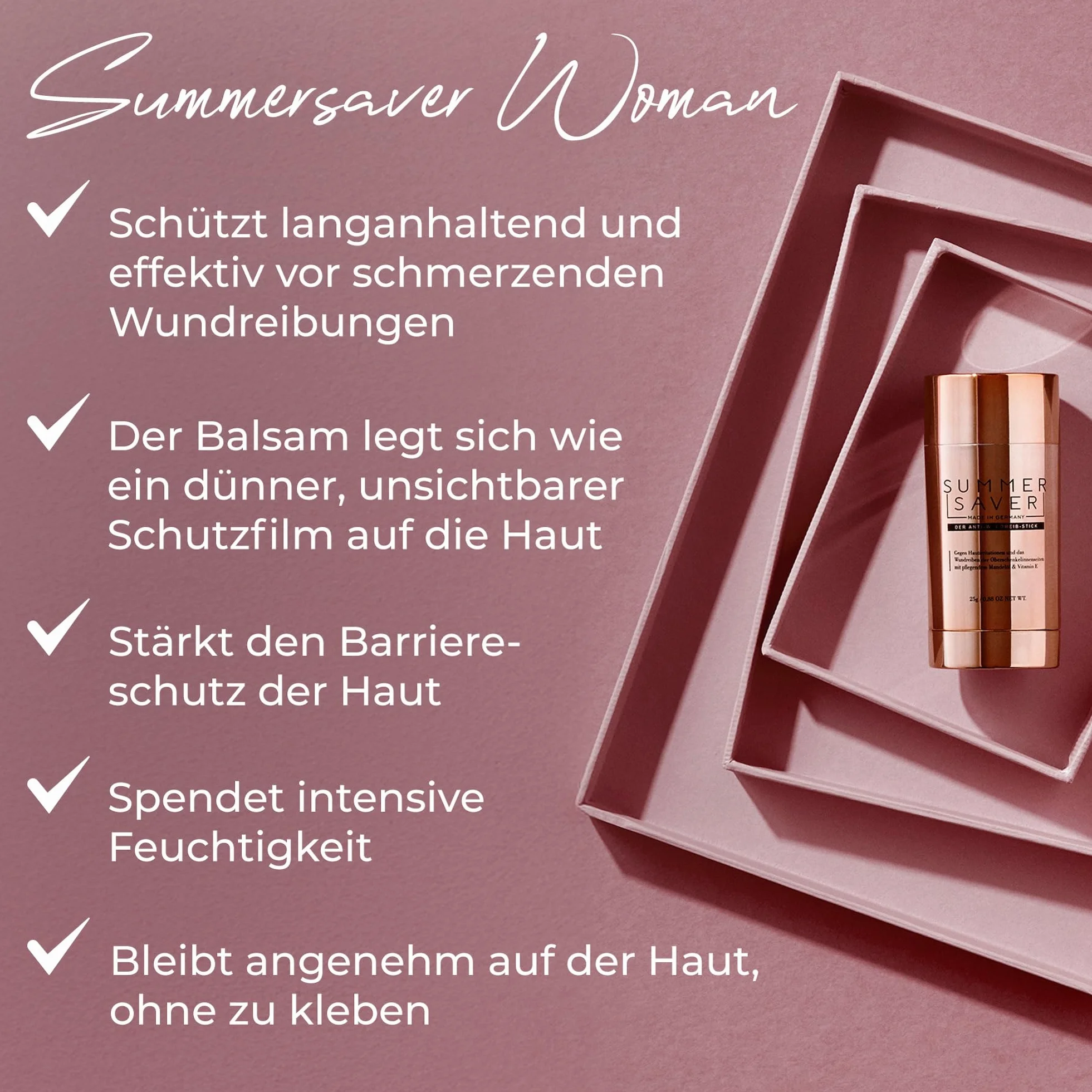 SUMMERSAVER Woman – sztyft przeciw otarciom 25g – do ud, pach i okolic biustonosza – z olejem kokosowym i migdałowym, witaminą E, alantoiną – produkt wegański, przetestowany dermatologicznie