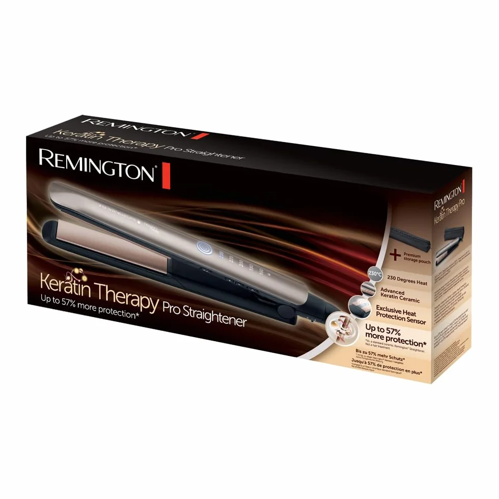 Remington prostownica do włosów, ceramiczna z keratyną, czujnik wykrywa poziom nawilżenia i dostosowuje temperaturę, zakres temp. 160-230°C, ruchome płytki, etui, brązowa, Keratin Therapy S8593