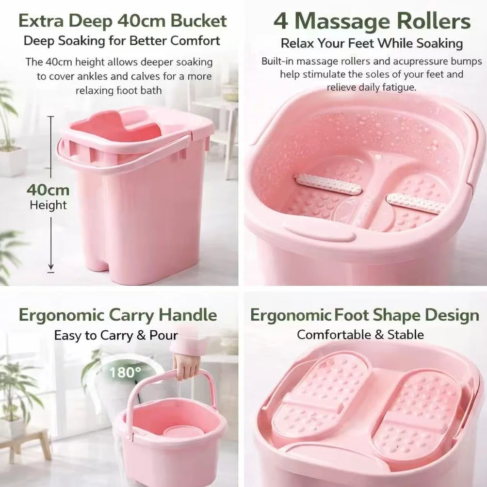 Wiadro do spa na stopy o głębokości 40 cm z wałkami do masażu, przenośna wanna do namaczania stóp z ergonomicznym uchwytem, bardzo głębokie wiadro do kąpieli stóp do domowego spa, relaksująca miska do