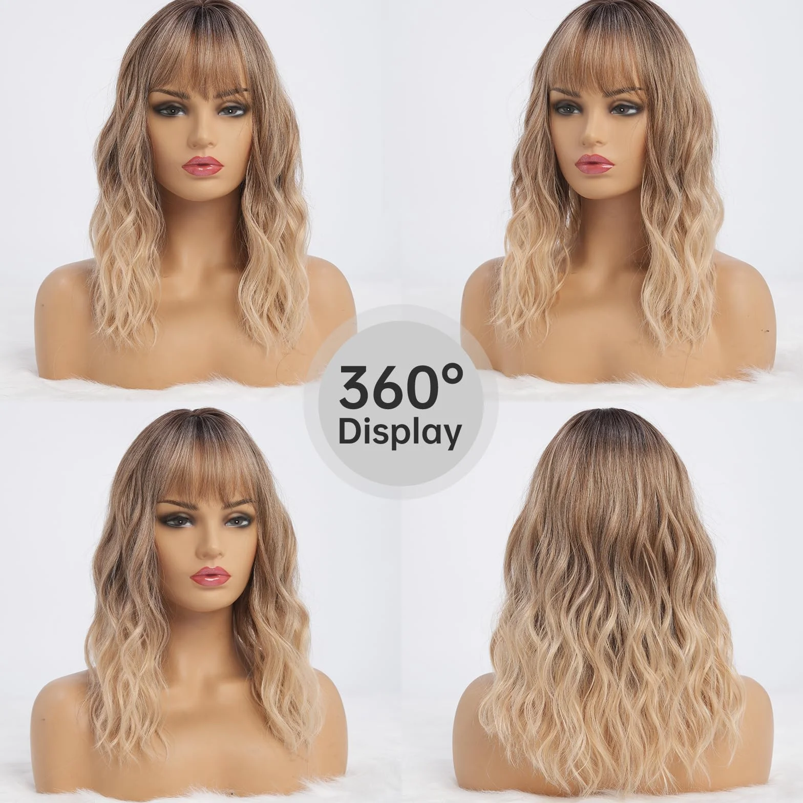 Simkaylee Blond peruka falowana syntetyczna długość do ramion ombre z grzywką regulowana