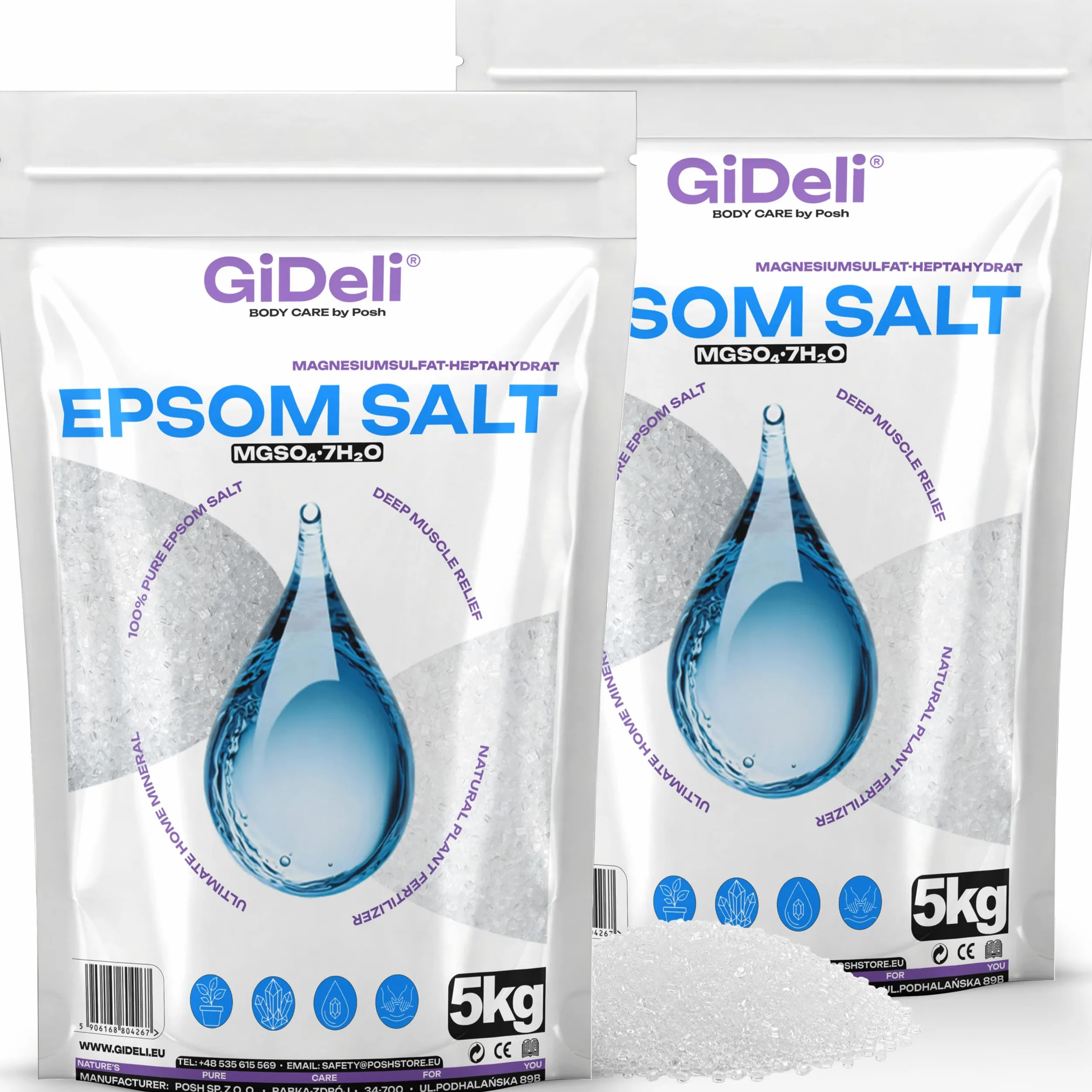 GiDeli Epsom sól do kąpieli Sól Epsom 2 x 5 kg sól epsom siarczan magnezu gorzka sól siarczan magnezu czysty siedmiowodny, jakość farmaceutyczna. (10kg)