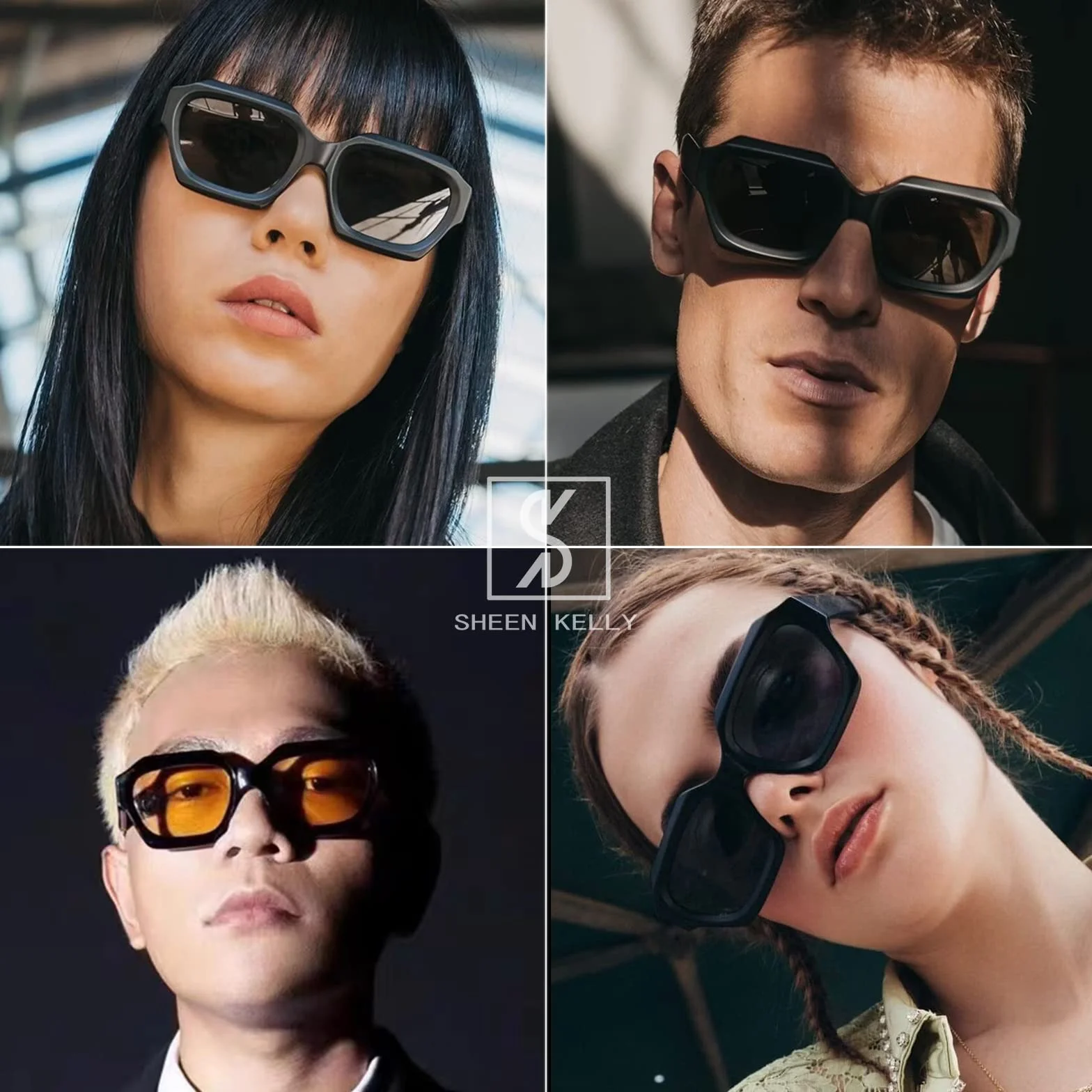 SHEEN KELLY Retro grube sześciokątne okulary przeciwsłoneczne mężczyźni kobiety modne ponadwymiarowe kwadratowe grube czarne ciemne lata 90. okulary