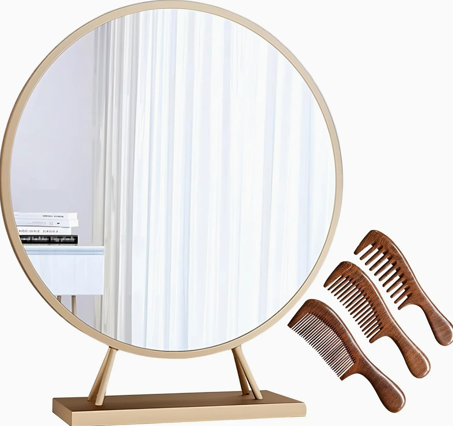 Okrągłe lusterko do makijażu ze stojakiem, dekoracyjne lustro łazienkowe z metalową ramą, złote 40 cm, stylowe lusterko kosmetyczne do toaletki, dekoracja domu i do użytku kosmetycznego