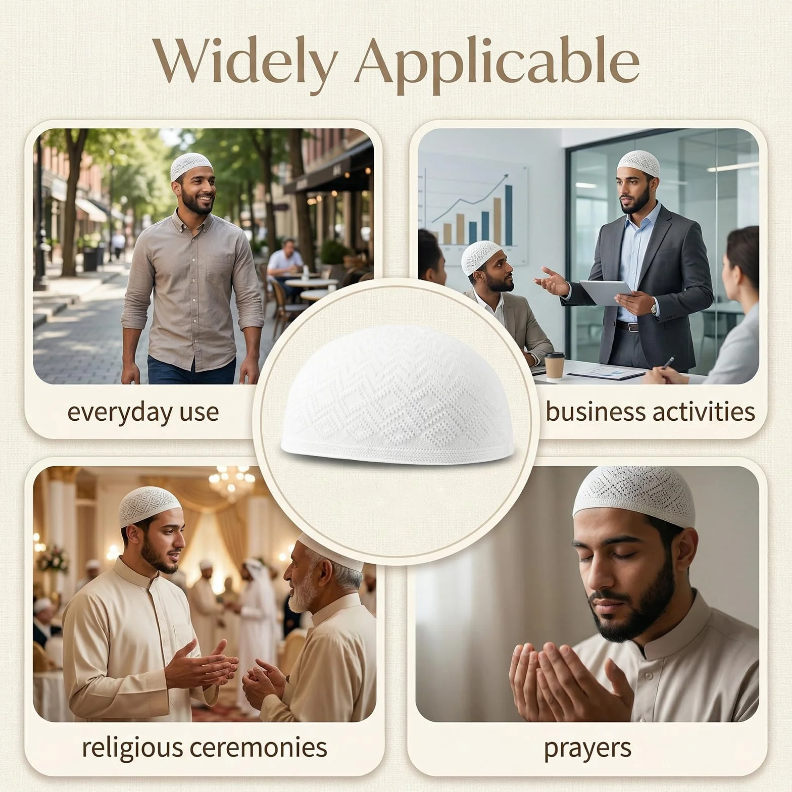 Muzułmańska czapka męska Kufi, 3 sztuki, czapka modlitewna z bawełny, biała, obwód głowy 55-59 cm, taqiyah Kufi Cap z kwadratowym wzorem, lekka, oddychająca czapka z daszkiem