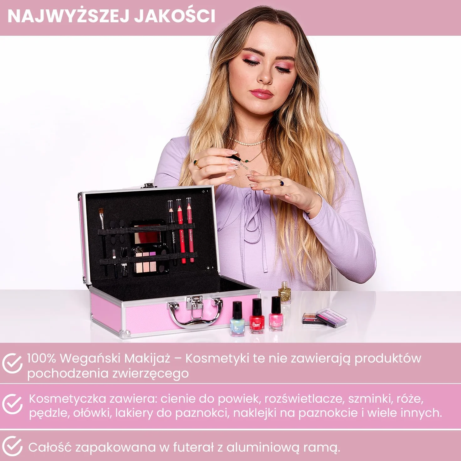 LOVE URBAN BEAUTY Wegański Gorący różowy kosmetyczka do makijażu 82-elementowy zestaw do makijażu dla nastolatków i kobiet z cieniami do powiek, różem