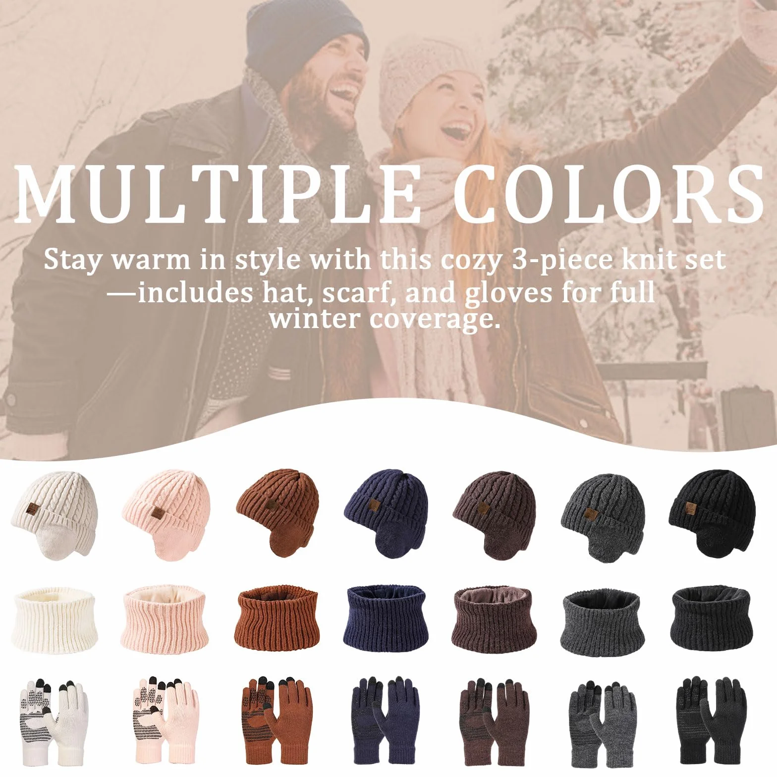 Zimowy dzianinowy ciepły szalik i rękawiczki unisex – czapka beanie z nausznikami, rękawiczki do ekranu dotykowego i ocieplacz na szyję szalik z podszewką polarową dla mężczyzn i kobiet