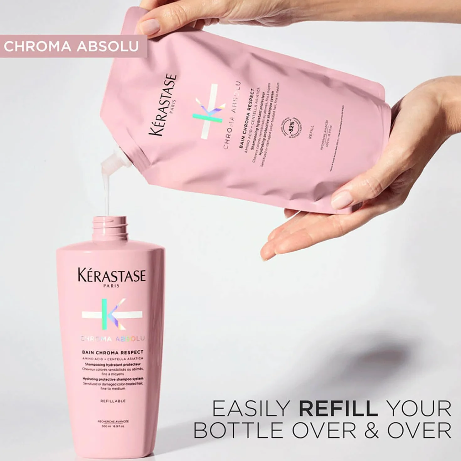 Kérastase Chroma Absolu Bain Chroma Respect, szampon ochronny do włosów farbowanych, pielęgnacja delikatnych i średnio farbowanych włosów, utrzymuje kolor, opakowanie uzupełniające, 500 ml
