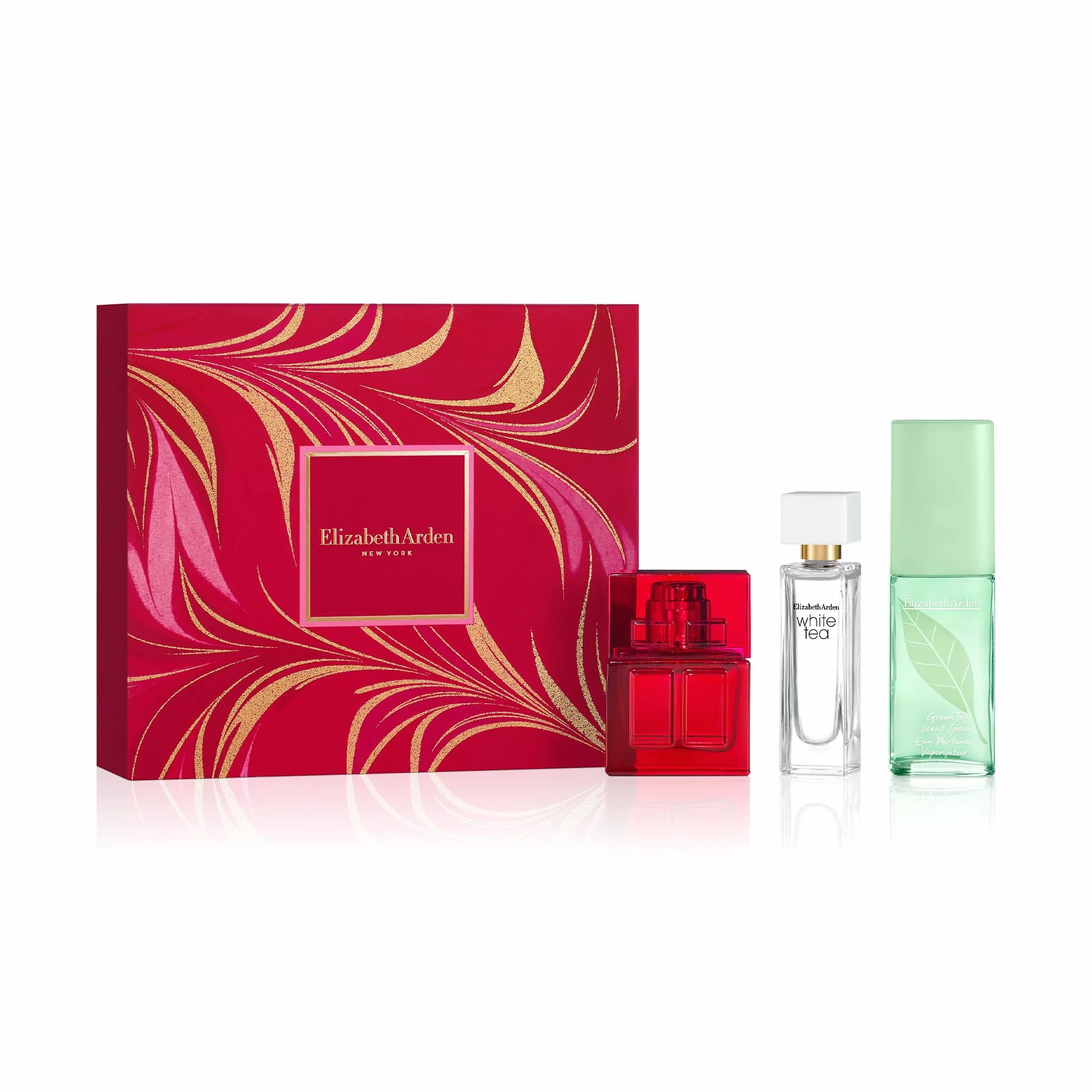 Elizabeth Arden Zestaw Trio Prestige, perfumy dla kobiet, czerwone drzwi, zielona herbata i biała herbata, miniaturowe perfumy, prezent dla kobiet