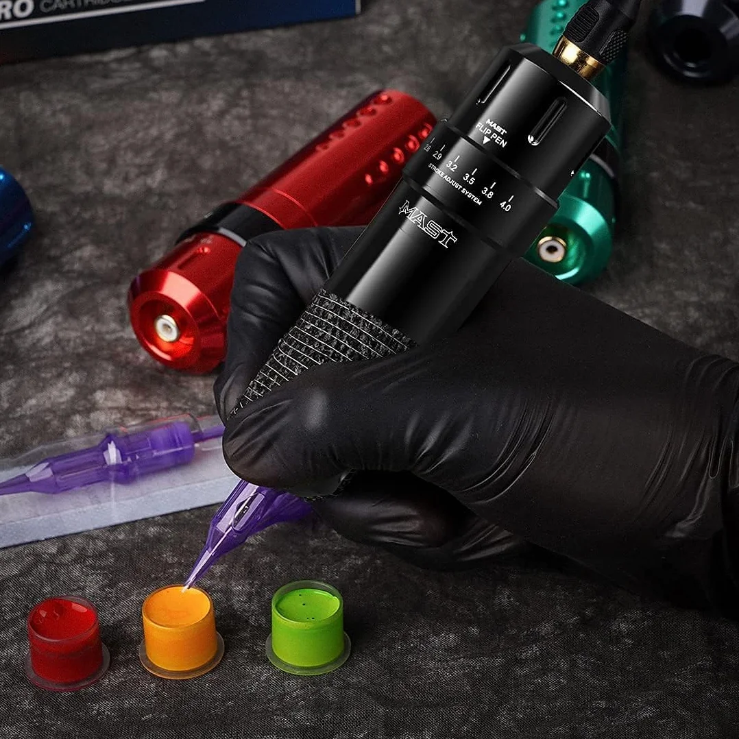 Mast Tattoo Machine Kit Flip Wireless Tattoo Pen Rotary Tattoo Gun 7 Strokes Length 2Pcs Batteries interchangeable RCA Jack Tattoo Needles Cartridges for beginners and tattooists