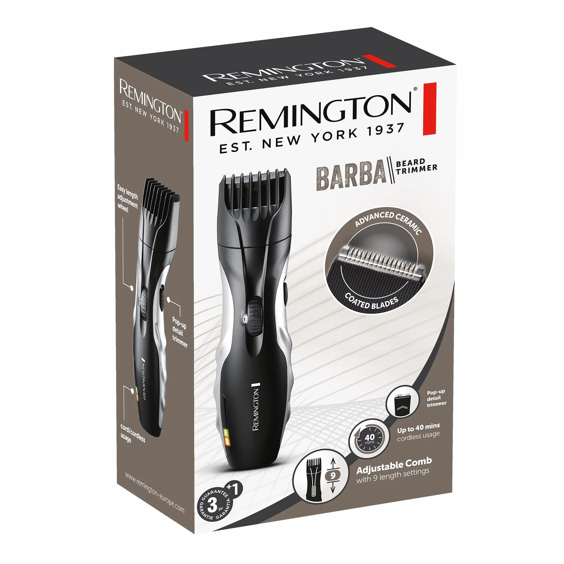 Remington trymer do brody, samoostrzące się otrza pokryte ceramiką, 9 długości 1.5-18mm, wysuwany trymer, do 40 min. bezprzewodowej pracy, czarny/szary, Barba MB320C