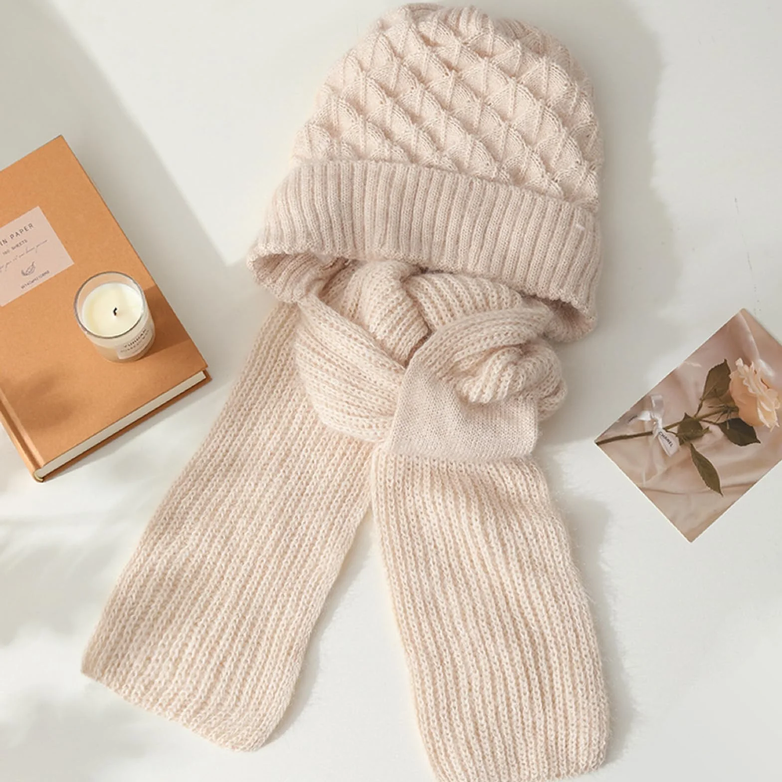 JSTHHTT Zimowe rękawiczki damskie z czapką i szalikiem, dzianinowa czapka typu beanie pętla, elastyczna czapka z szalikiem dla kobiet, zimowa ciepła dzianinowa czapka, ciepła pluszowa podszewka,