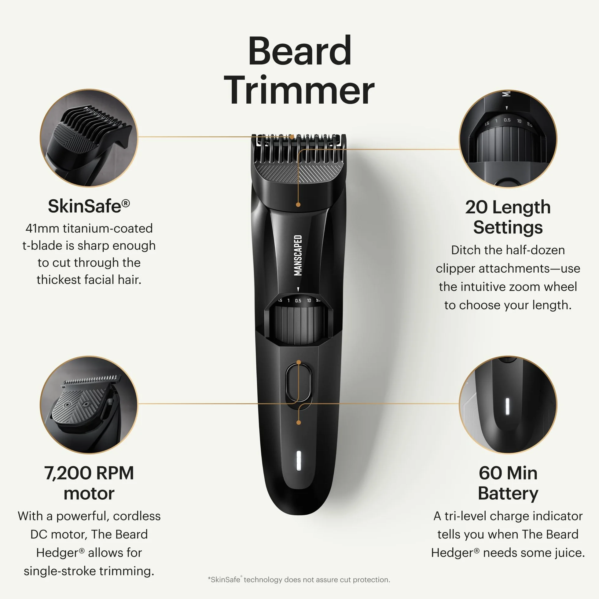 Precyzyjny trymer do brody MANSCAPED® The Beard Hedger®, 20-stopniowe regulowane kółko z ostrzami, ostrze T ze stali nierdzewnej do przycinania włosów na twarzy, wodoodporna maszynka do strzyżenia
