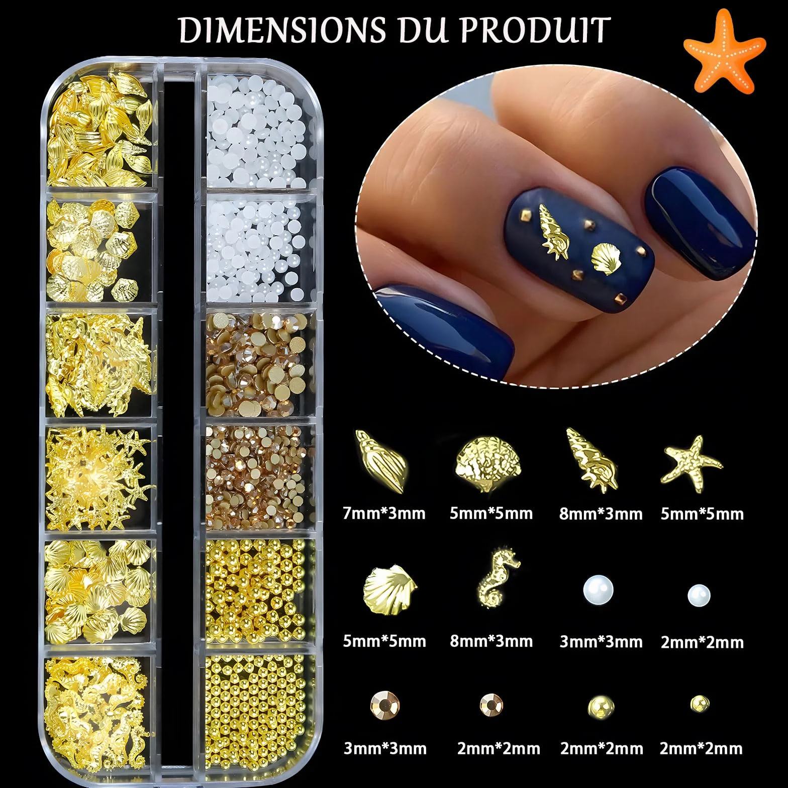 Dreamil Zawieszka do paznokci z motywem oceanu, złote zawieszki do paznokci, złote zawieszki 3D, do samodzielnego zdobienia paznokci, manicure na wesela, imprezy plażowe.
