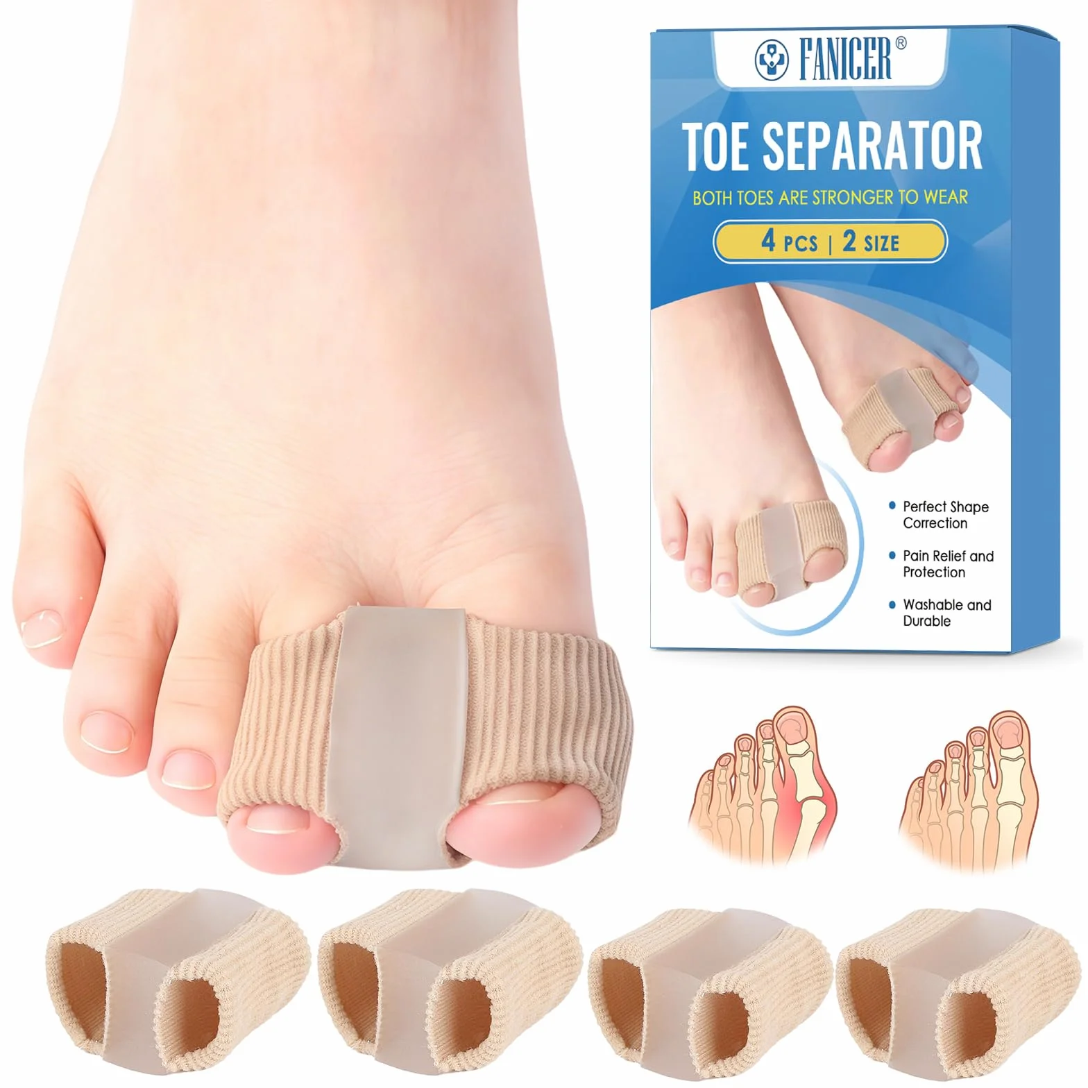 4 sztuki separatory palców u stóp paluchów, separator palców, komfort i wyrównanie, korekcja palucha koślawego do nakładających się palców, silikon z 2 pętelkami, unisex, kolor skóry