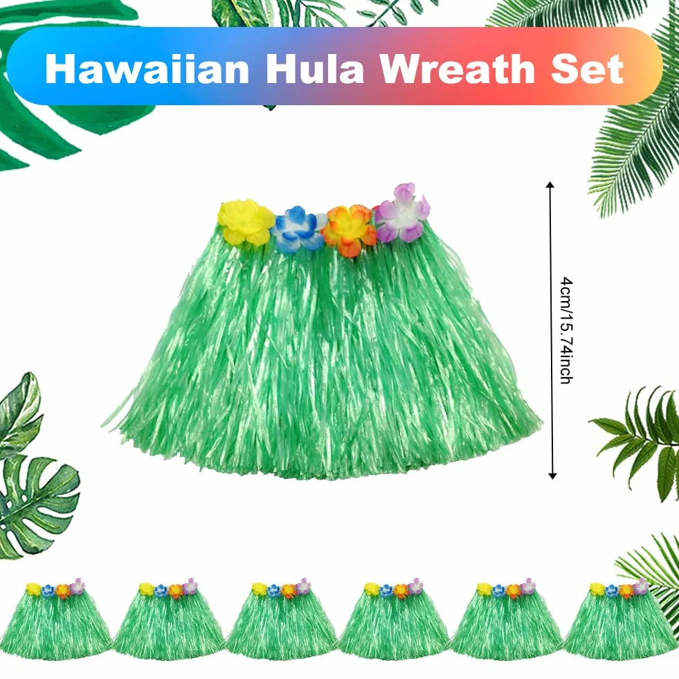 Hula spódnica z trawy, zestaw sukienek do tańca hawajskiego Leis z kwiatem, elastyczna spódnica, kolorowa/zielona słomka, do hawajskiej plaży Aloha, na lato, na imprezę, 6 szt