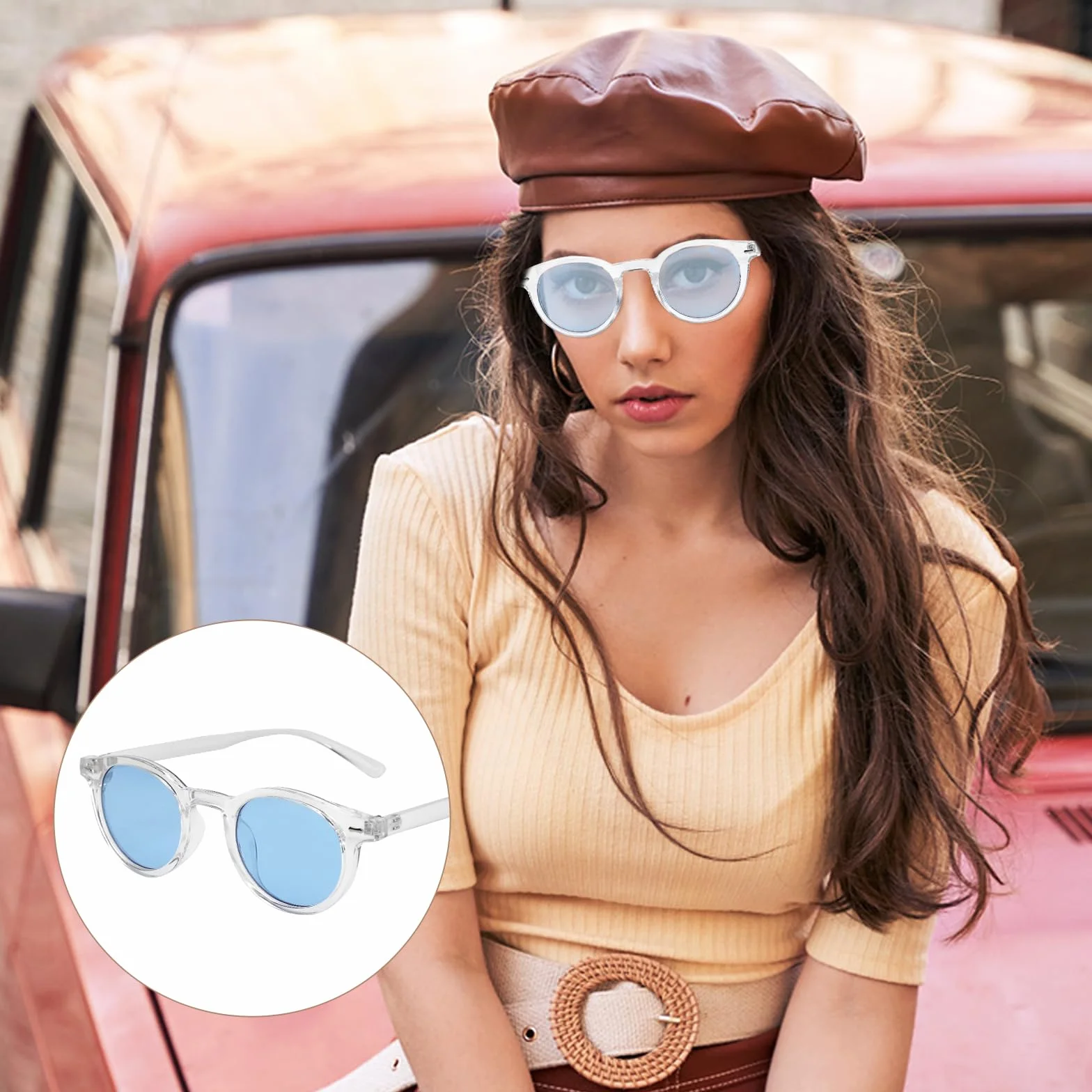 APOMOONS Damskie okulary przeciwsłoneczne, okrągłe i czarne etui na okulary, Sunglasses Woman okulary przeciwsłoneczne, niebieskie soczewki, okulary przeciwsłoneczne vintage, UV400, dla kobiet o małej