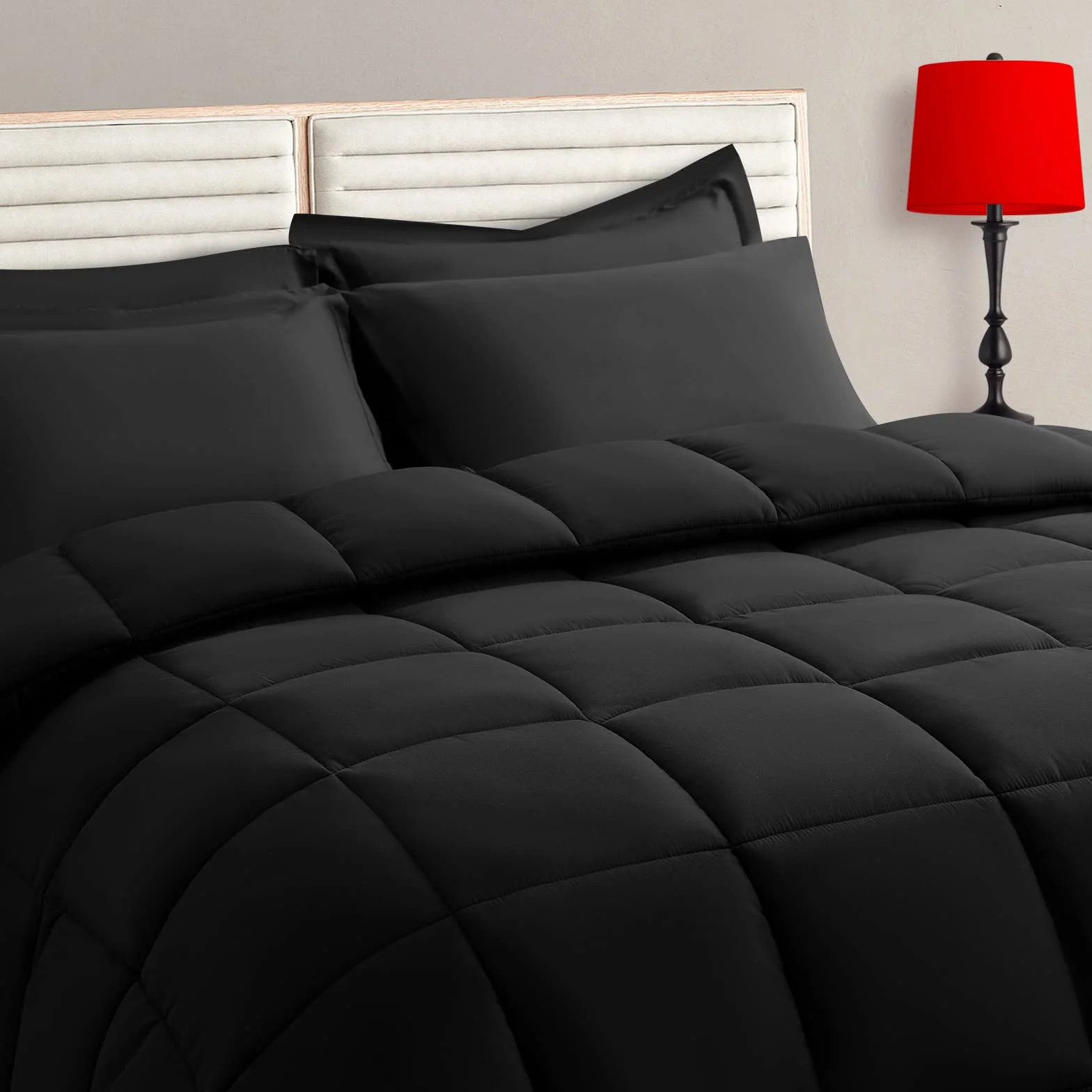 TAIMIT zestaw pościeli Queen Size, 7-el., z miękką, pikowaną, ciepłą i puszystą dwustronną kołdrą, prześcieradłem bez i z gumką, 2 poduszkami dekoracyjnymi i 2 poszewkami na poduszki, czarny