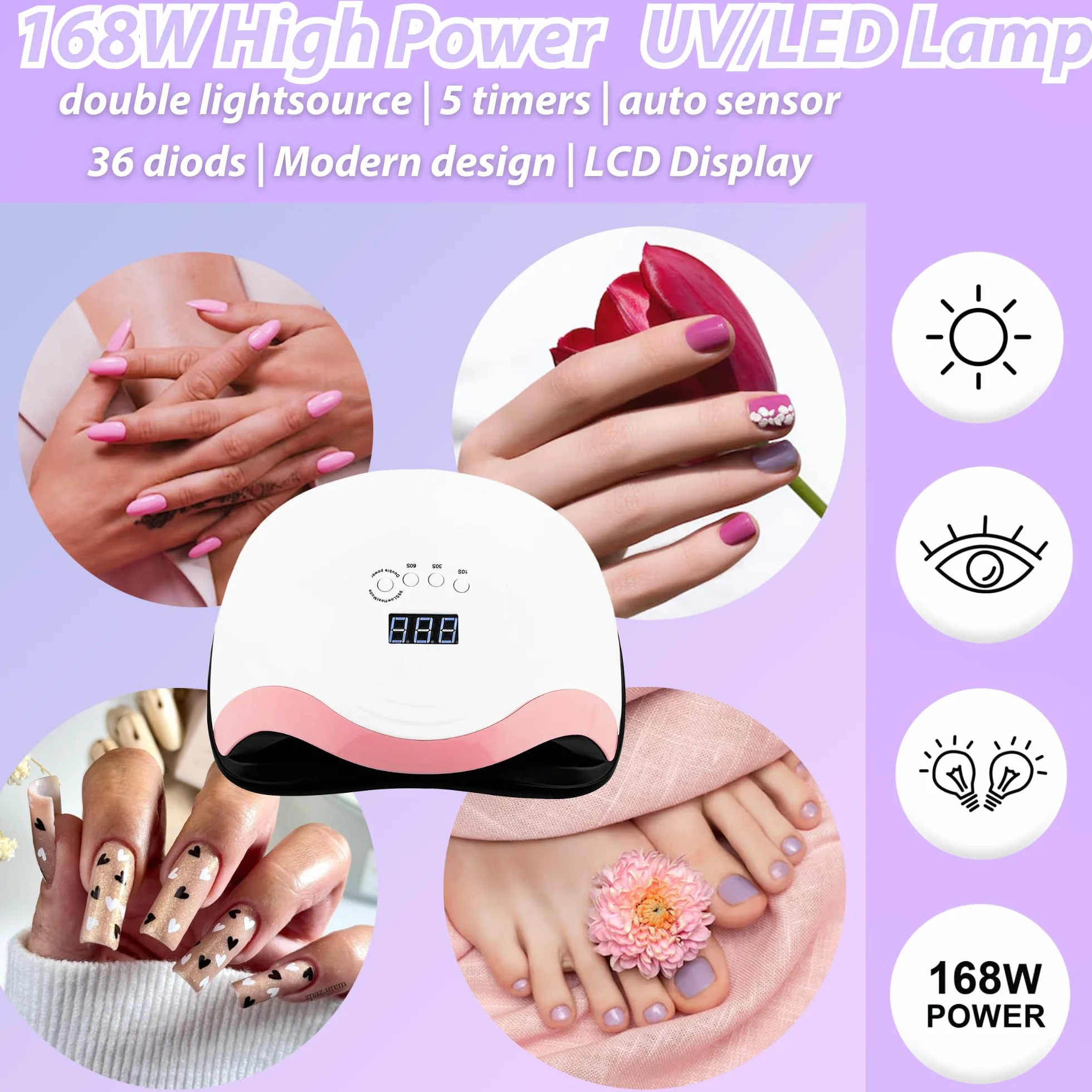 Lampa do paznokci żelowych 168W z timerem i czujnikiem LCD