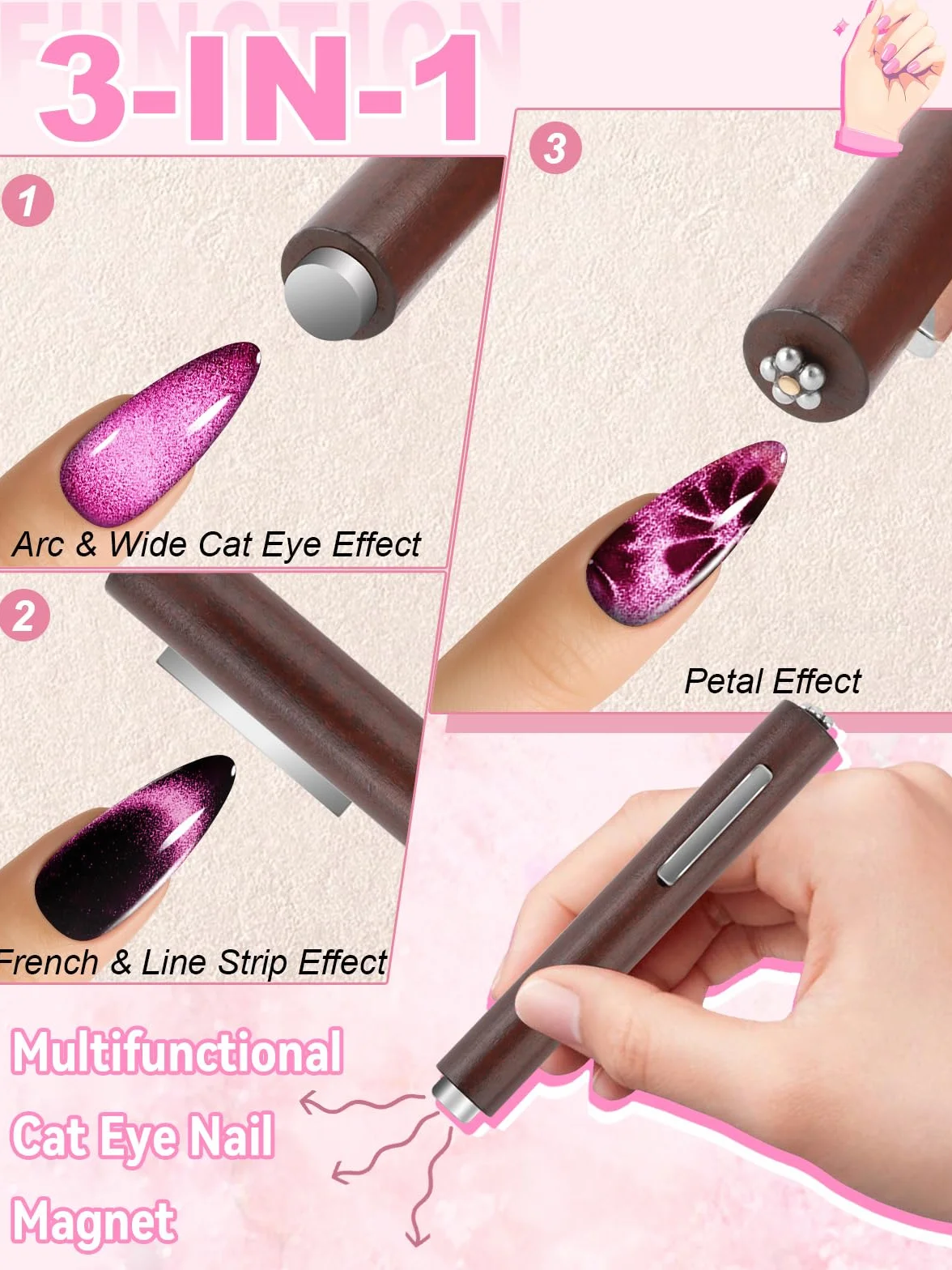 EBANKU 54PCS Cat Eye Nail Magnet Stick Set, 3 w 1 Magnetyczny Lakier do Paznokci, Długopis do Zdobienia Paznokci, żelowy Lakier do Paznokci Cat Eye Magnetic Nail Art Tools for Nail Salon