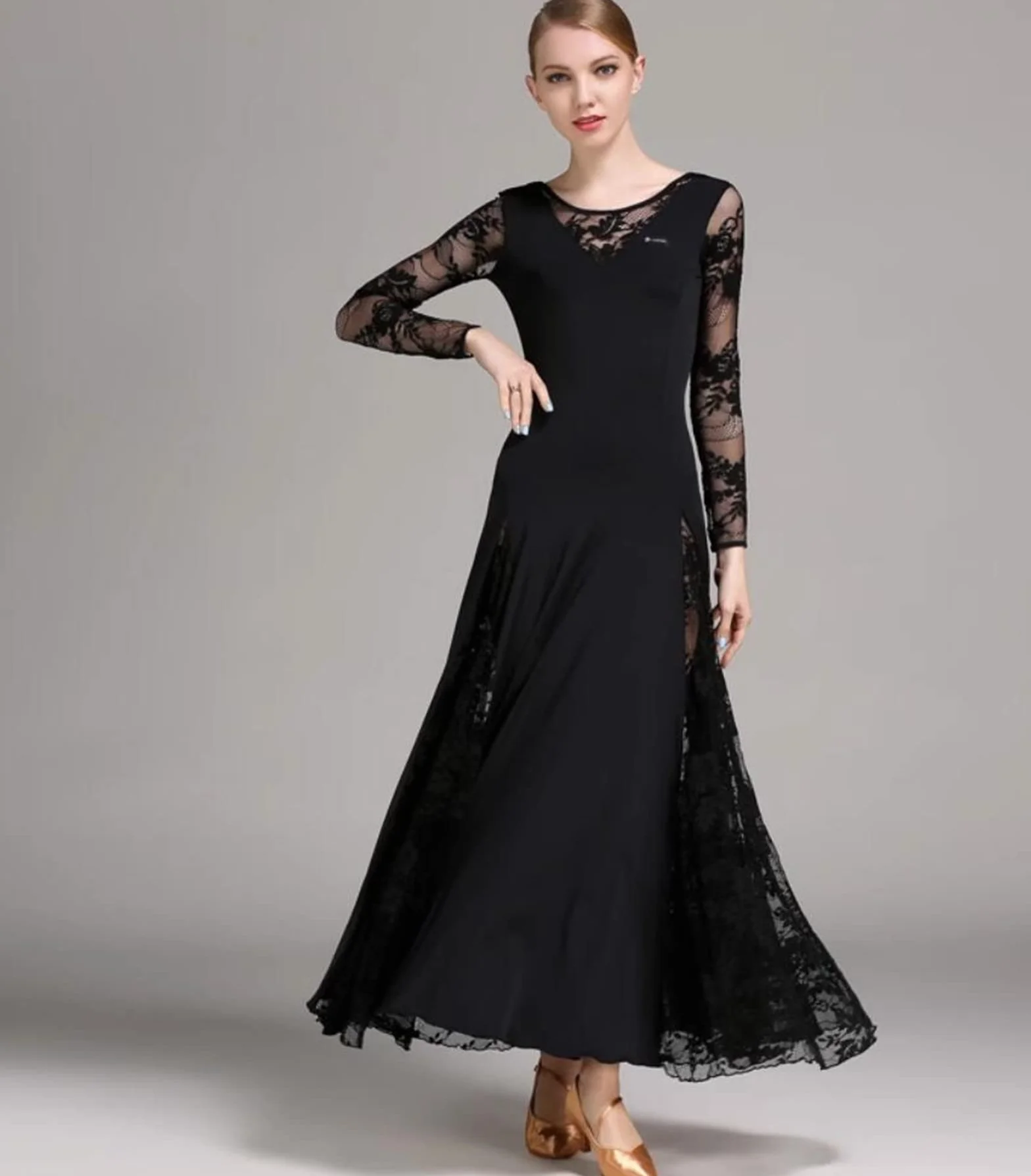 Damskie Sukienka do tańca towarzyskiego Koronka Nowoczesny Walc Tango Taniec Ubrania Długi rękaw Spektakl Foxtrot Dance Dress Konkurs tańca towarzyskiego Sukienki,Black,M