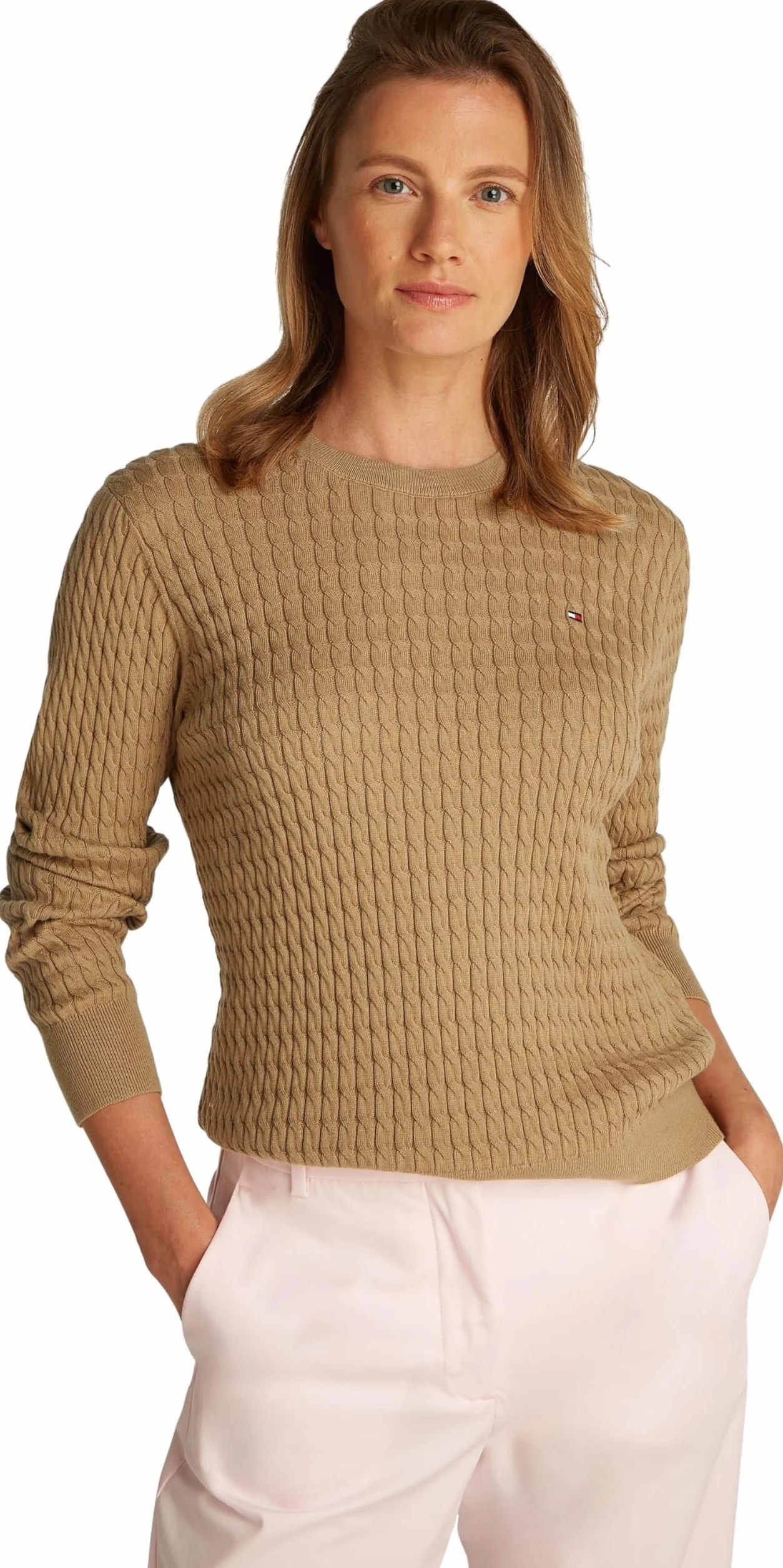 TOMMY HILFIGER Damski sweter CO Cable C-NK LS WW0WW44993, Khaki (płótno safari), L