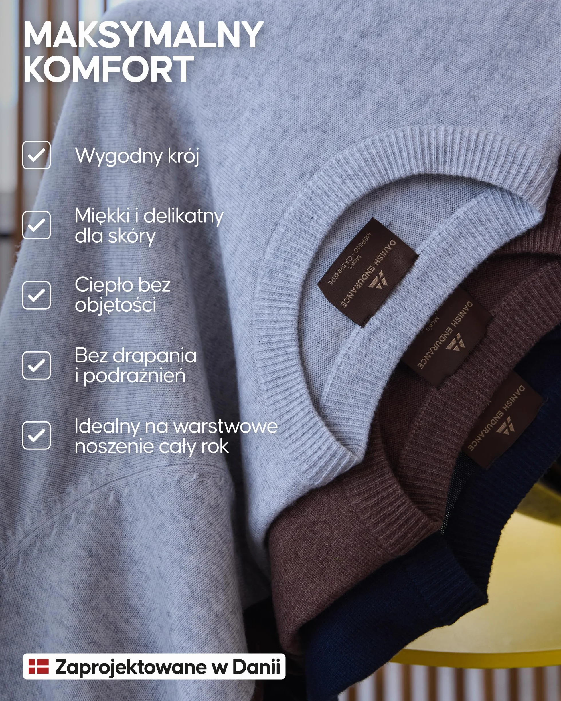 DANISH ENDURANCE Sweter z Wełny Merino z Domieszką Kaszmiru, Dzianinowy Sweter pod Szyję, dla Mężczyzn