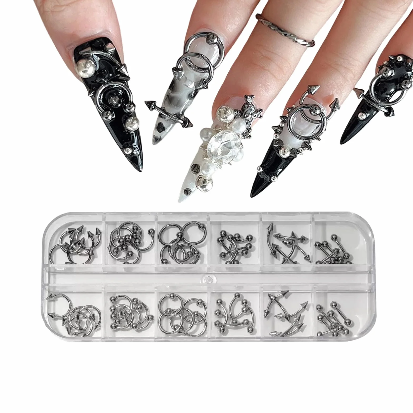 60 sztuk kolczyków do paznokci, 3D, stop srebra, gotycki, punk, dekoracja, srebrne, szare, stożkowe, kolce, metalowe pierścienie, stop, nity, biżuteria dla kobiet, gotyckie