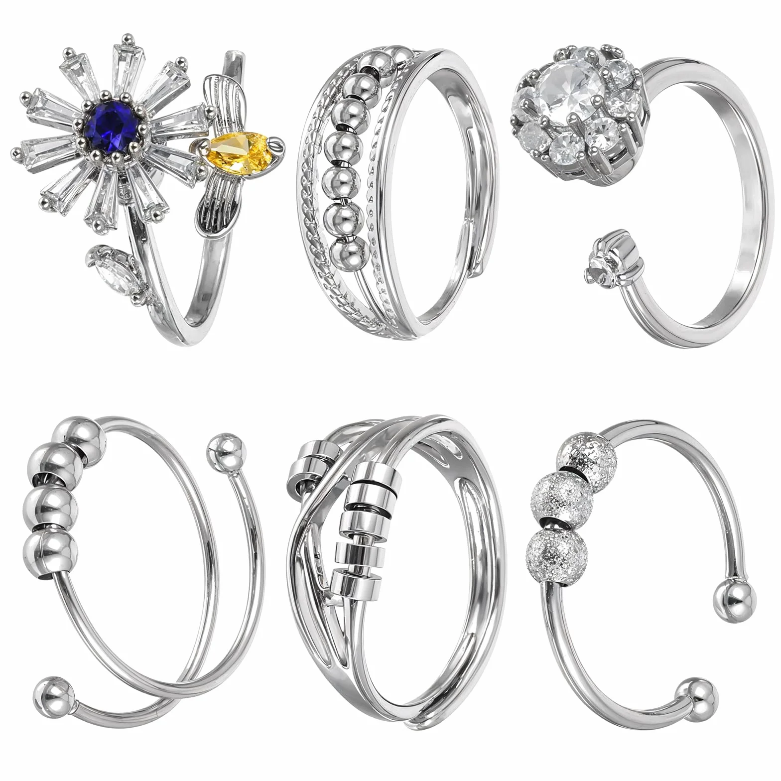 Yuanchu Pierścień antylękowy Fidget dla kobiet, 6 szt. otwartych regulowanych pierścieni fidget, pierścień przeciwlękowy, kwiat, pszczoła, koraliki, urocze artykuły ulgowe, prezent