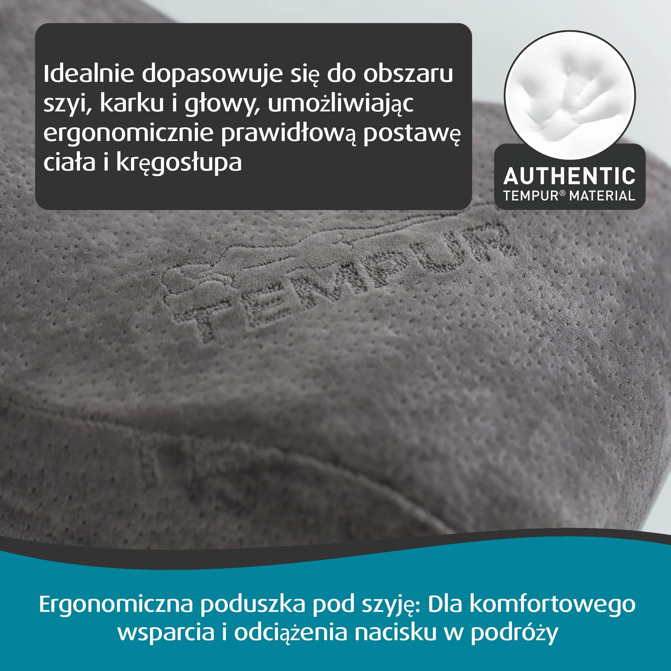 TEMPUR Poduszka podróżna z pianki memory, ergonomiczna poduszka podróżna pod kark z torbą transportową, Antracyt, Rozmiar 25 x 31 x 10/7 cm