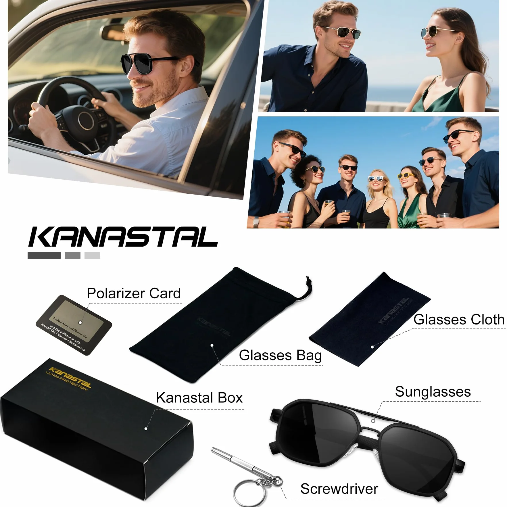 KANASTAL Okulary przeciwsłoneczne Męskie damskie Spolaryzowane UV400 Klasyczne Kwadratowe Metalowe Ramki Sunglasses z Miękkimi Zausznikami