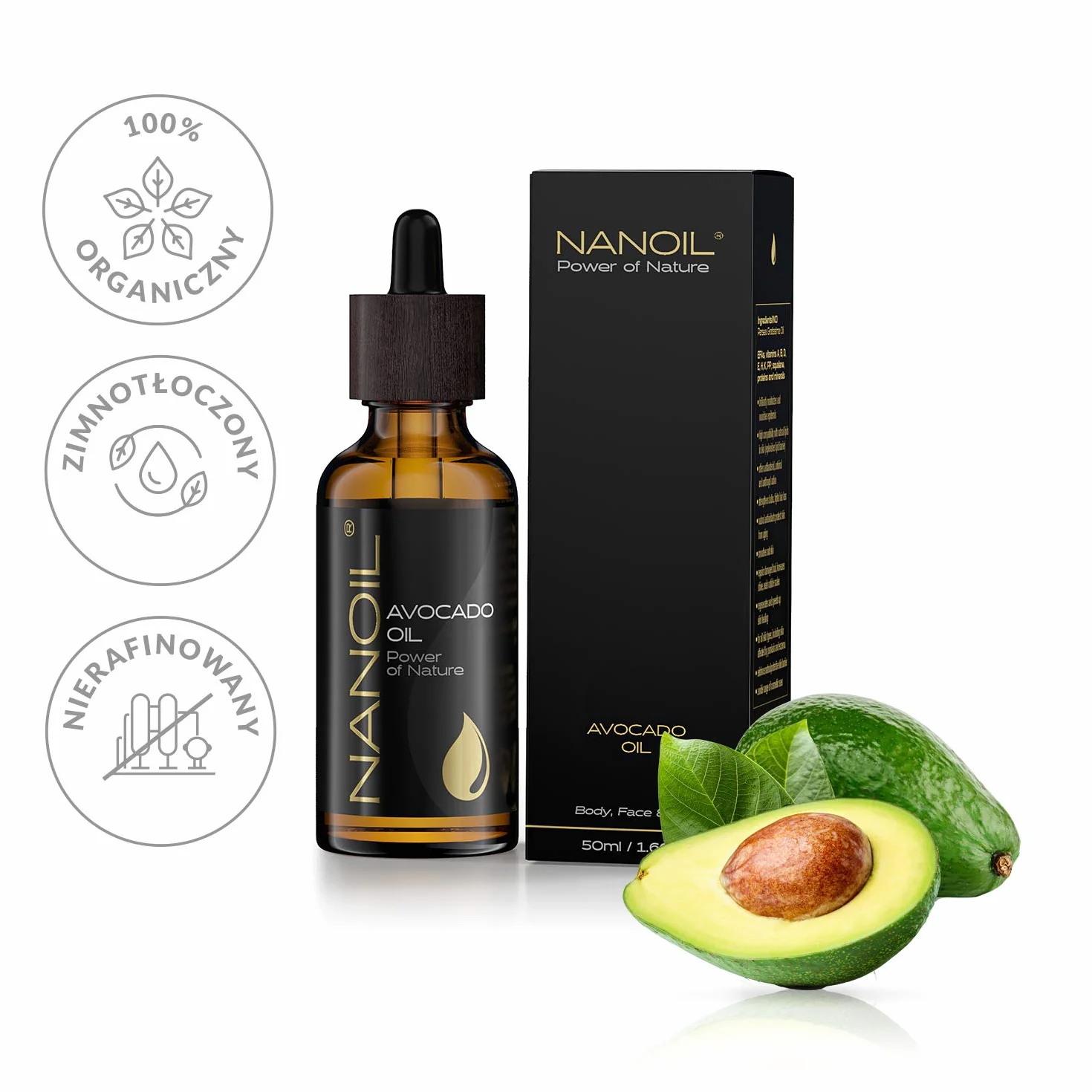 Olejek z awokado Nanoil Avocado Oil 50 ml – naturalny, zimnotłoczony i nierafinowany olejek do pielęgnacji włosów, ciała i twarzy